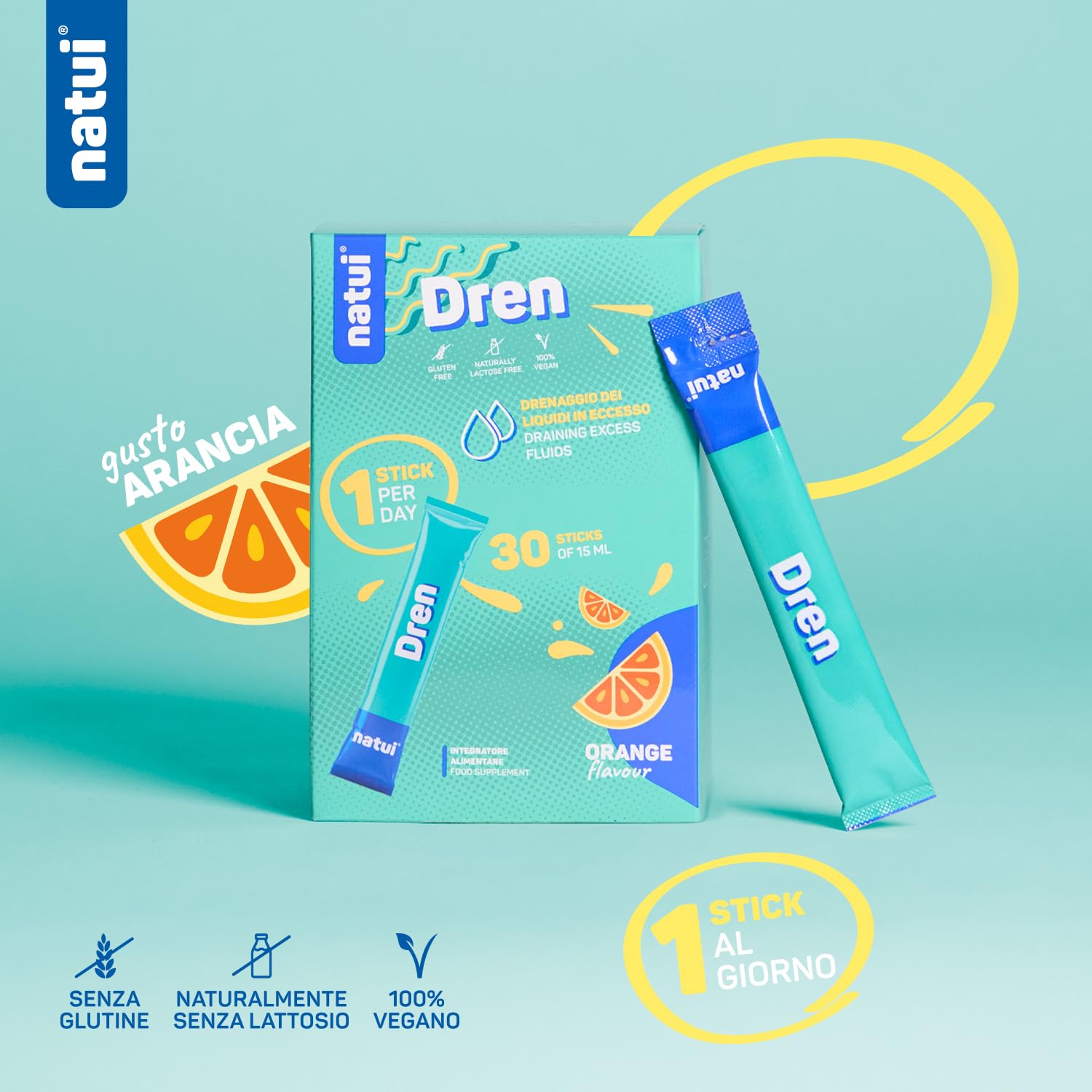 Natui Dren - Integratore Drenante Forte e Diuretico Naturale per Ritenzione Idrica, Detox e Azione Anticellulite – Con Pilosella, Equiseto e Betulla - Gusto Arancia - Senza Glutine – 30 Stick da 15 ml