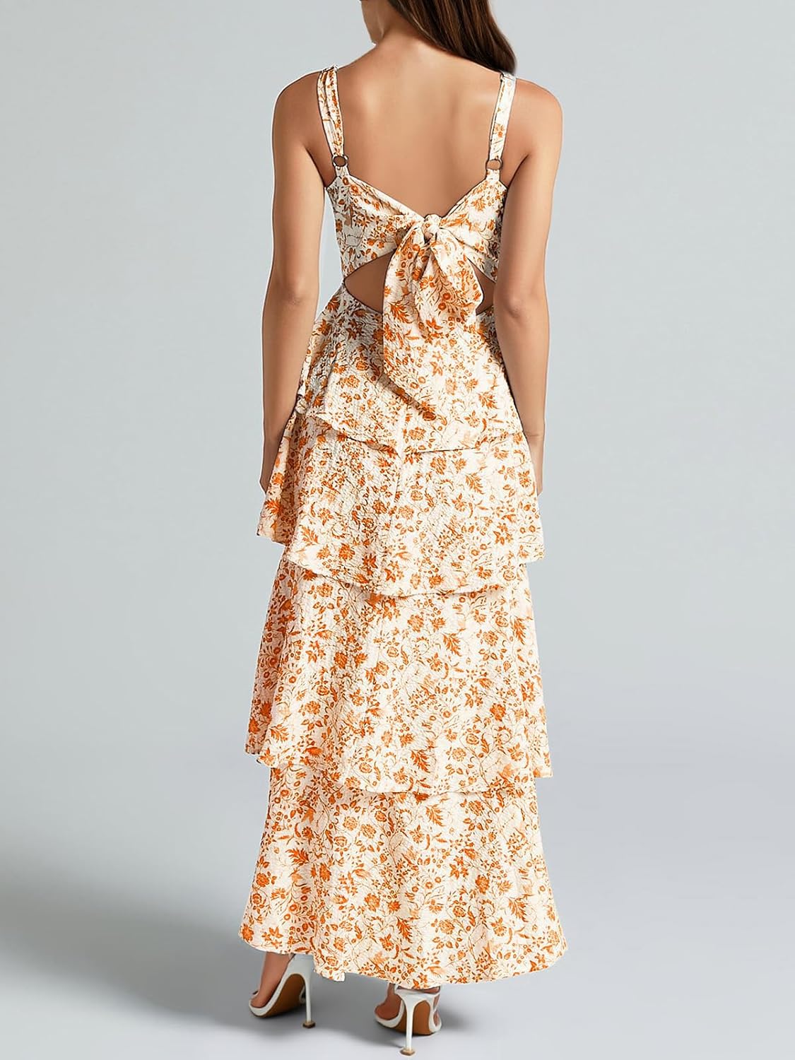 Fisoew Womens Floral Maxi Dresses Spaghetti Strap Casual Sleeveless Ruffle Flowy Tiered Dress - Image 4