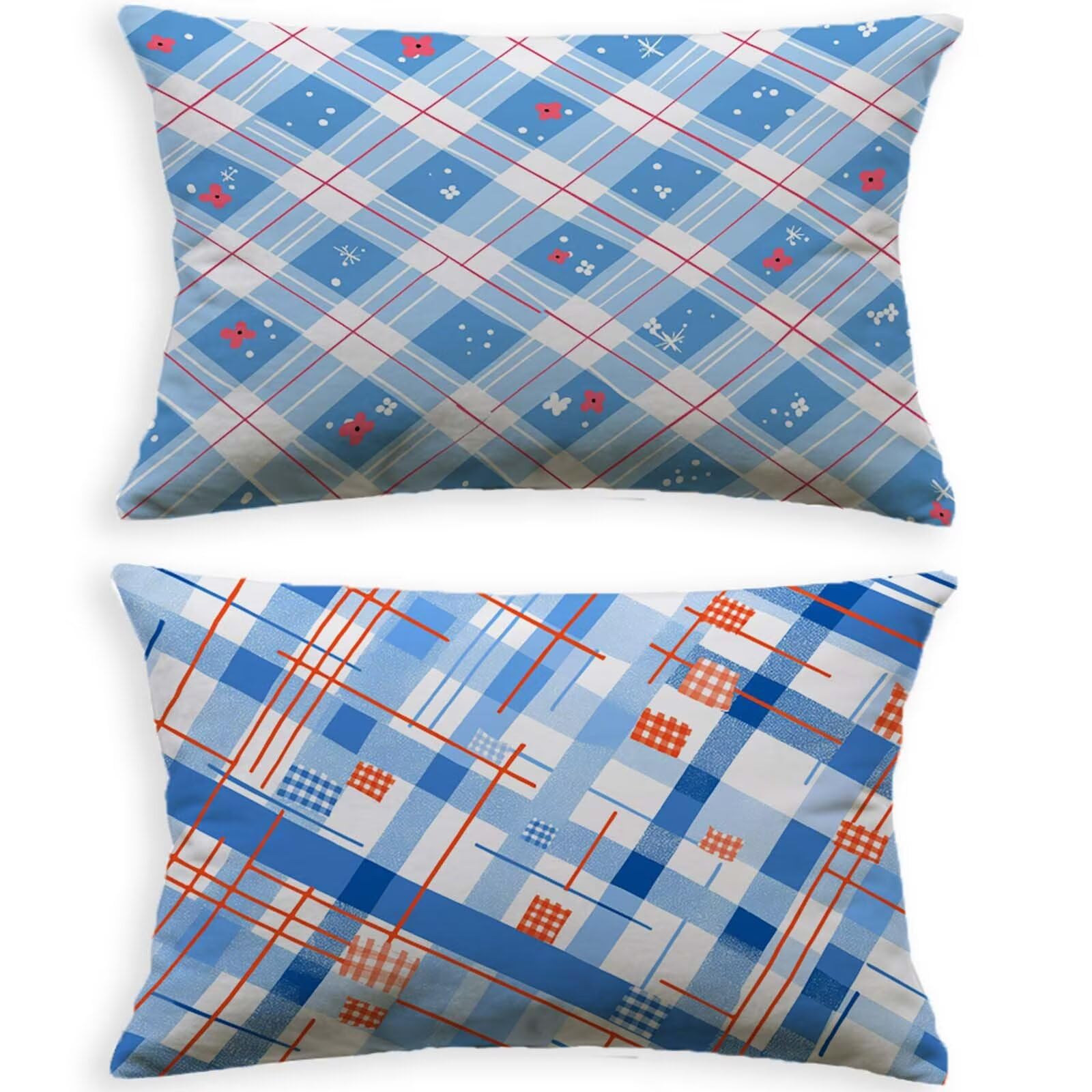 Housse de coussin bleu 40x80 lot de 2 en velours treillis avec fermeture éclair invisible O-605B