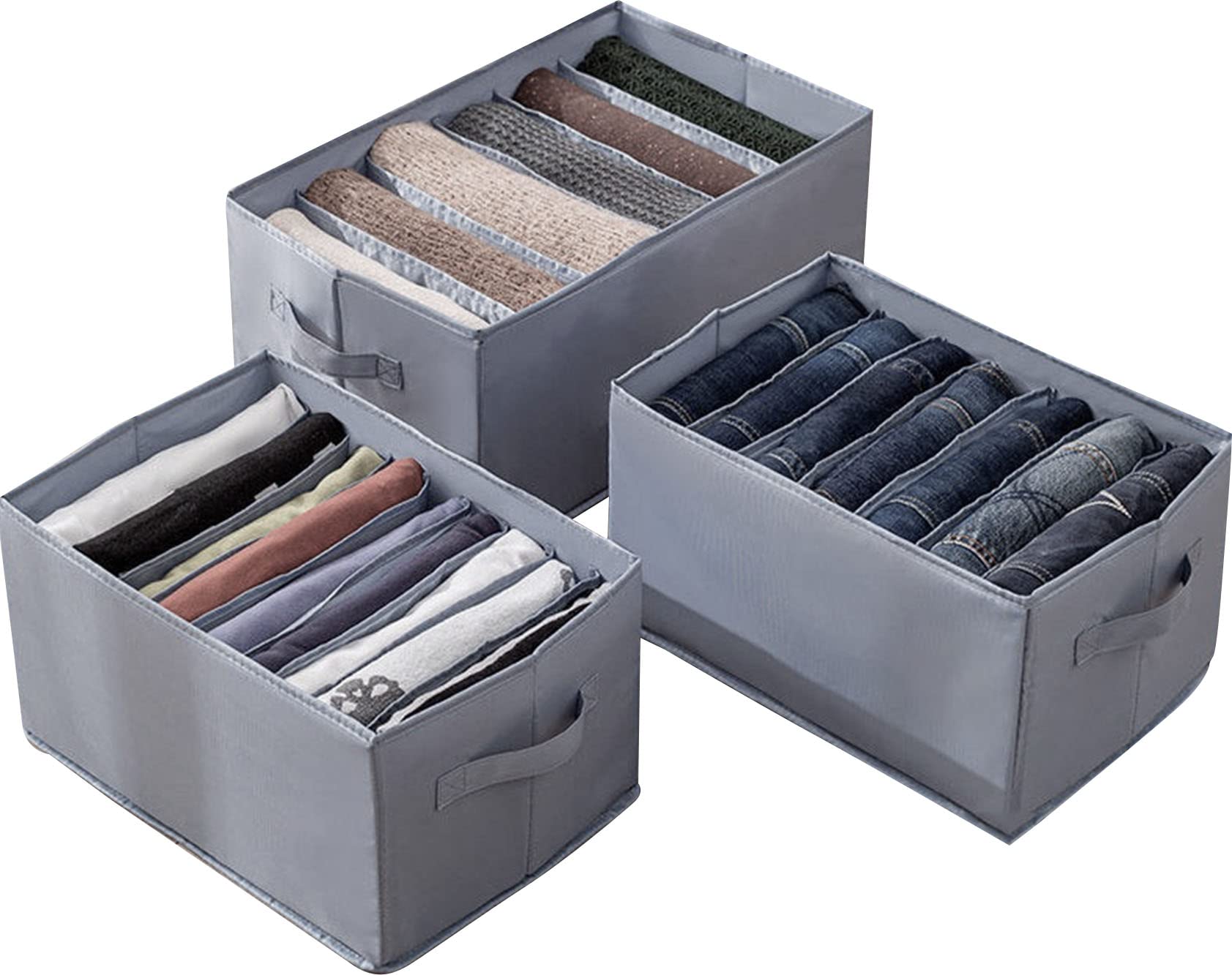 House of Quirk Set of 3 Wardrobe Clothes Organizer with Handle, Closet Drawer Organizers for Jeans, Pants, T-shirts, Sweaters, Kids Clothes (6+7+9 Grids, Grey, Fabric)-image-17