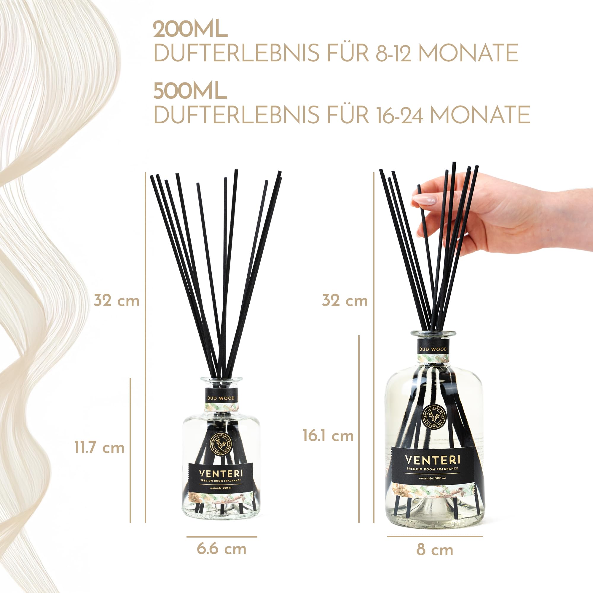Venteri Montana Diffuseur de parfum d'ambiance 500 ml, avec 8 bâtonnets parfumés et élégant désodorisant, parfum d'ambiance et parfum de bain, agrumes naturels et notes de bois pour le désodorisant à