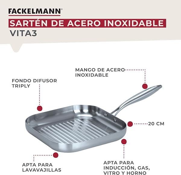 Fackelmann Vita3 Sartén Grill de Acero Inoxidable 28 cm, Acero Inoxidable Triply con Triple Fondo Difusor, Sin Antiadherente, Sin PFA, Apta para Inducción, Gas, Vitro y Horno, Apto Lavavajillas - 2