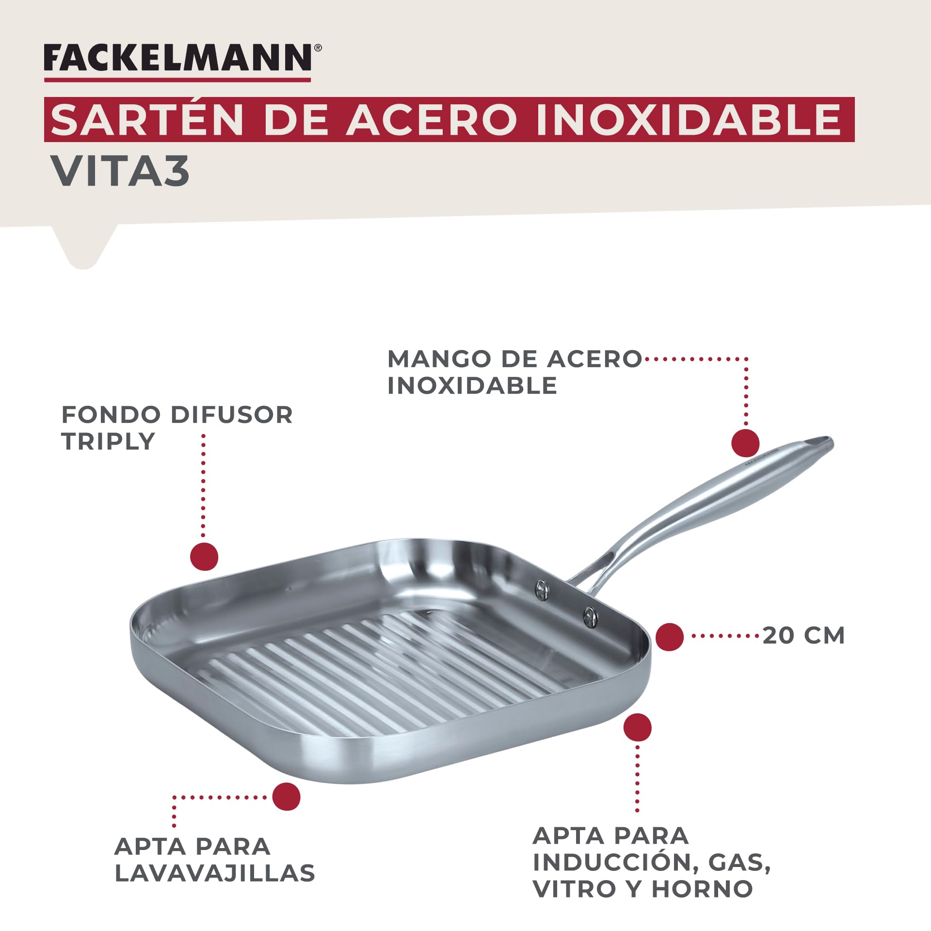 Fackelmann Vita3 Sartén Grill de Acero Inoxidable 28 cm, Acero Inoxidable Triply con Triple Fondo Difusor, Sin Antiadherente, Sin PFA, Apta para Inducción, Gas, Vitro y Horno, Apto Lavavajillas — view 2