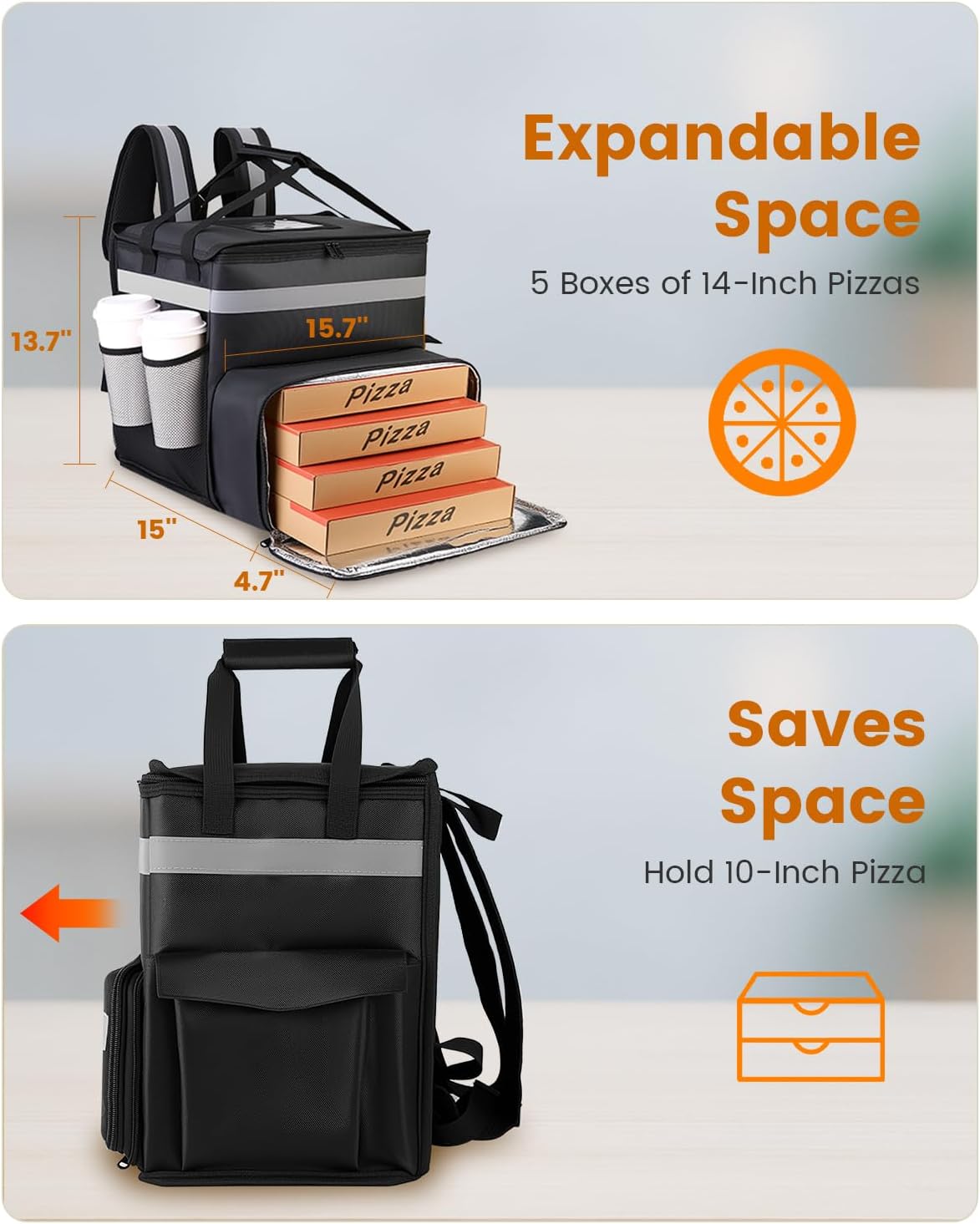 Bodaon Food Delivery Backpack with 2 Base Plates, Dual-Layer Insulated Compartments, Waterproof Lining, Reflective Strip - Pizza Delivery Bag for Bike Couriers, Grocery, Takeout, Food Transport