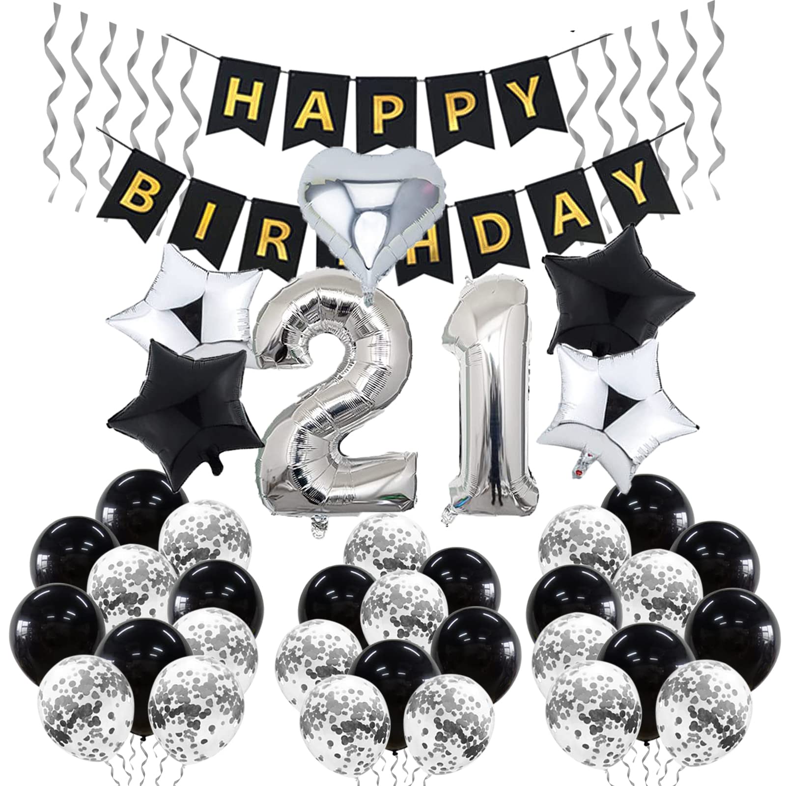 21st Birthday Decorations for Boys - Black and Silver Balloons With Happy Birthday Banner, Helium Foil Number 21, Latex and Star Foil Balloons for Girls and Boys