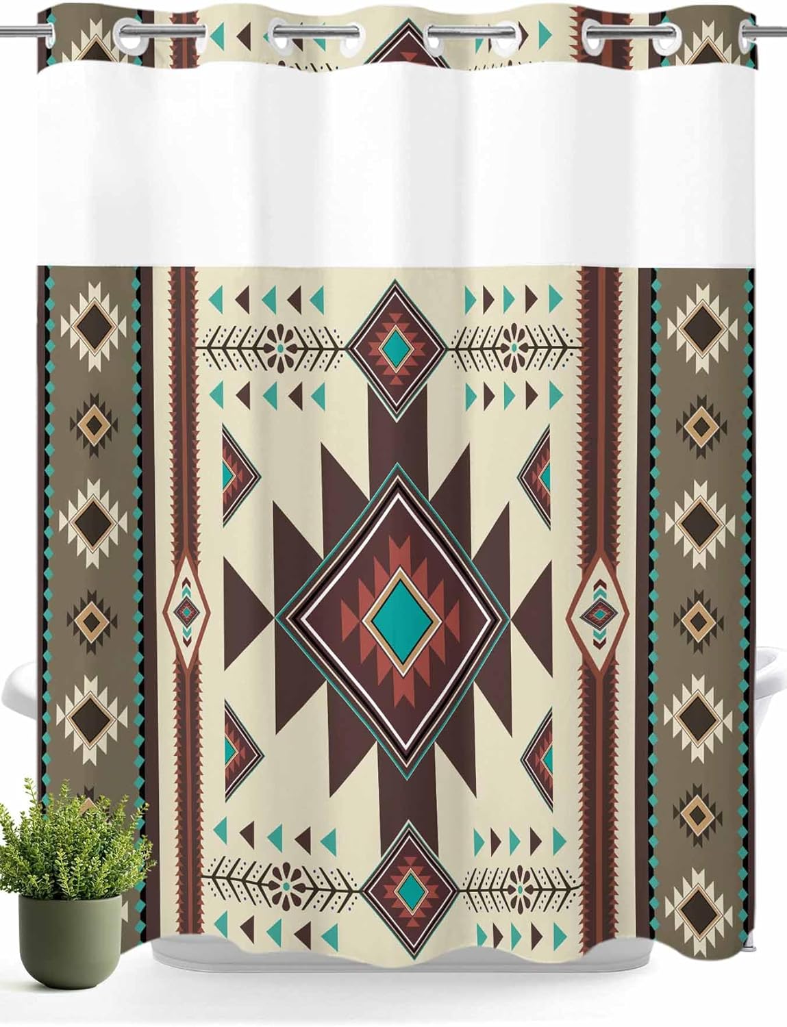 Teamery No Hook Waterproof Shower Curtain, Blue Curtain Liner Set, Western Southwest Native American Indian See-Through Top & Double Layers Fabric Shower Curtains for Bathroom Decor, 72x72 Inch