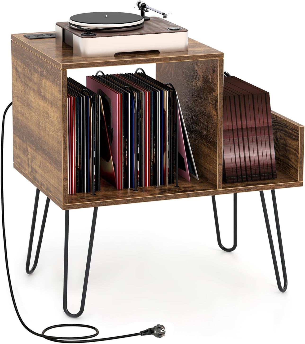 COSTWAY Meuble Tourne-Disque Vinyle avec Prise, Support Tourne-disque pour 145 Albums, Station de Charge, 2 Ports USB, 4 Pieds Amovibles, 3 Séparateurs, Étagère de Rangement sur Table (Brun rustique)