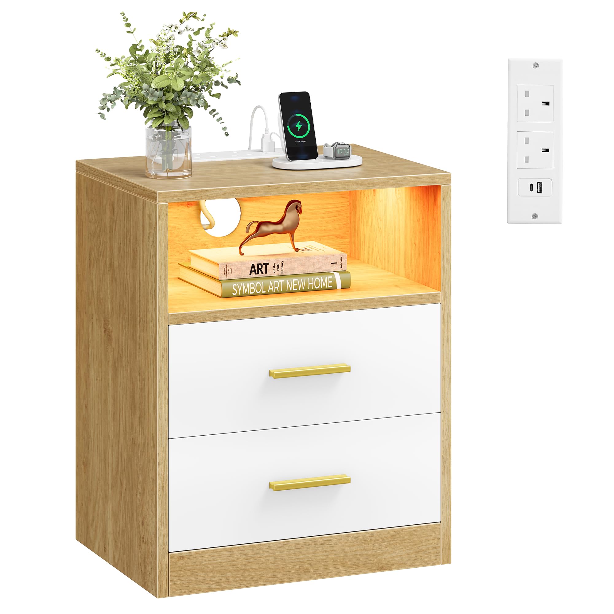 VASAGLE Bedside Table with Charging Station, LED Lights