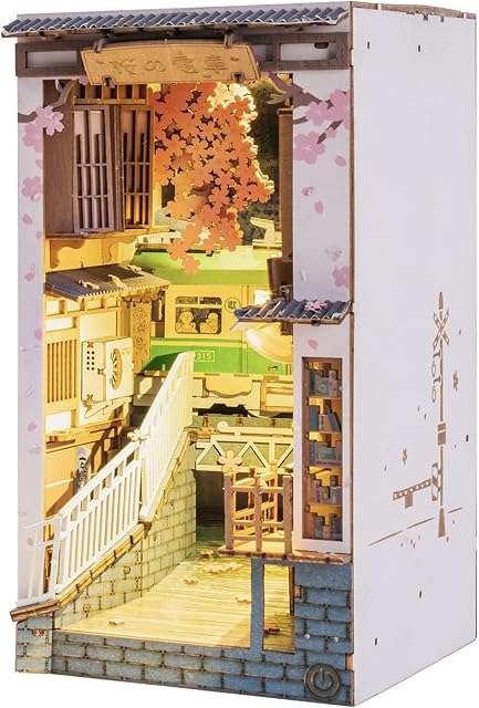 Rolife 3D Wooden Puzzle DIY Book Nook Model Kits for Bookshelf Bookends Decor with Furniture and Accessories (Sakura Densya)