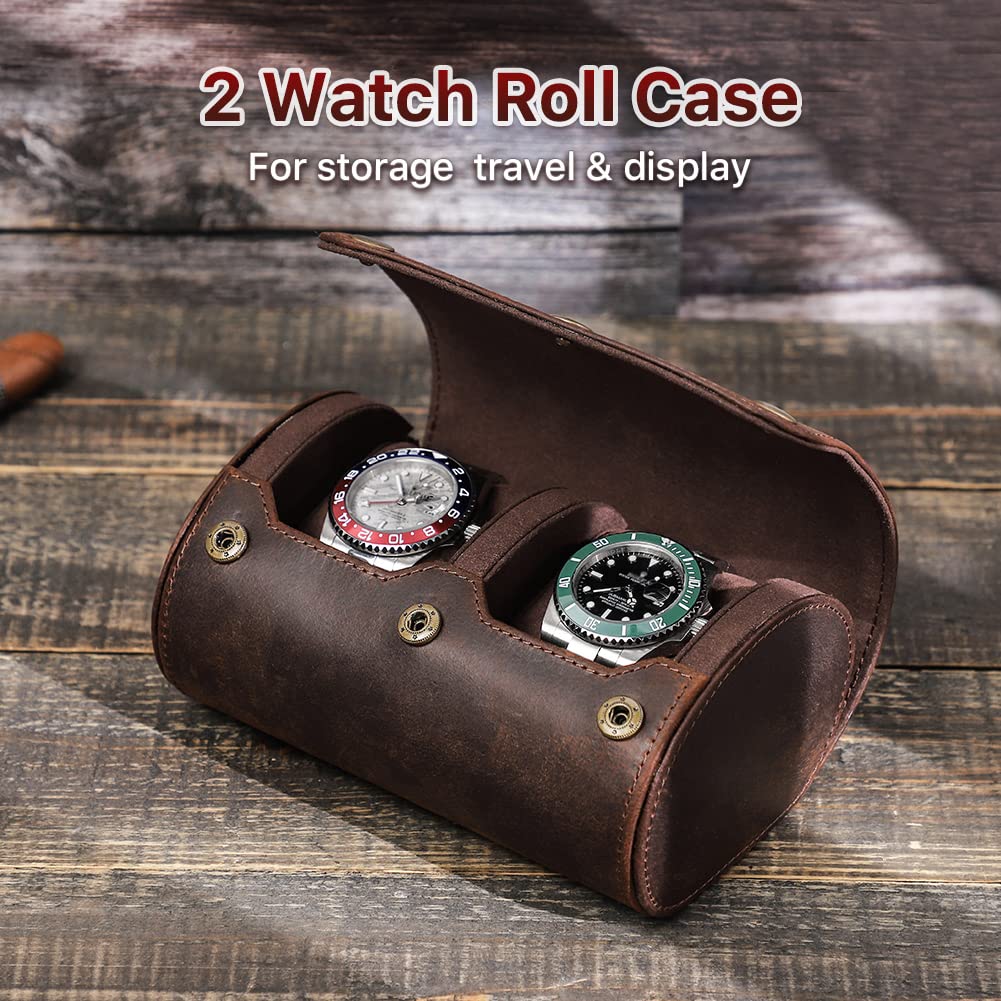 CONTACTS Boîte de voyage en cuir véritable pour montres, rouleau, boîte organisatrice pour 2 montres, manche portable protecteur pour affichage de montre, pour voyage vintage (Coffee-CF1137)