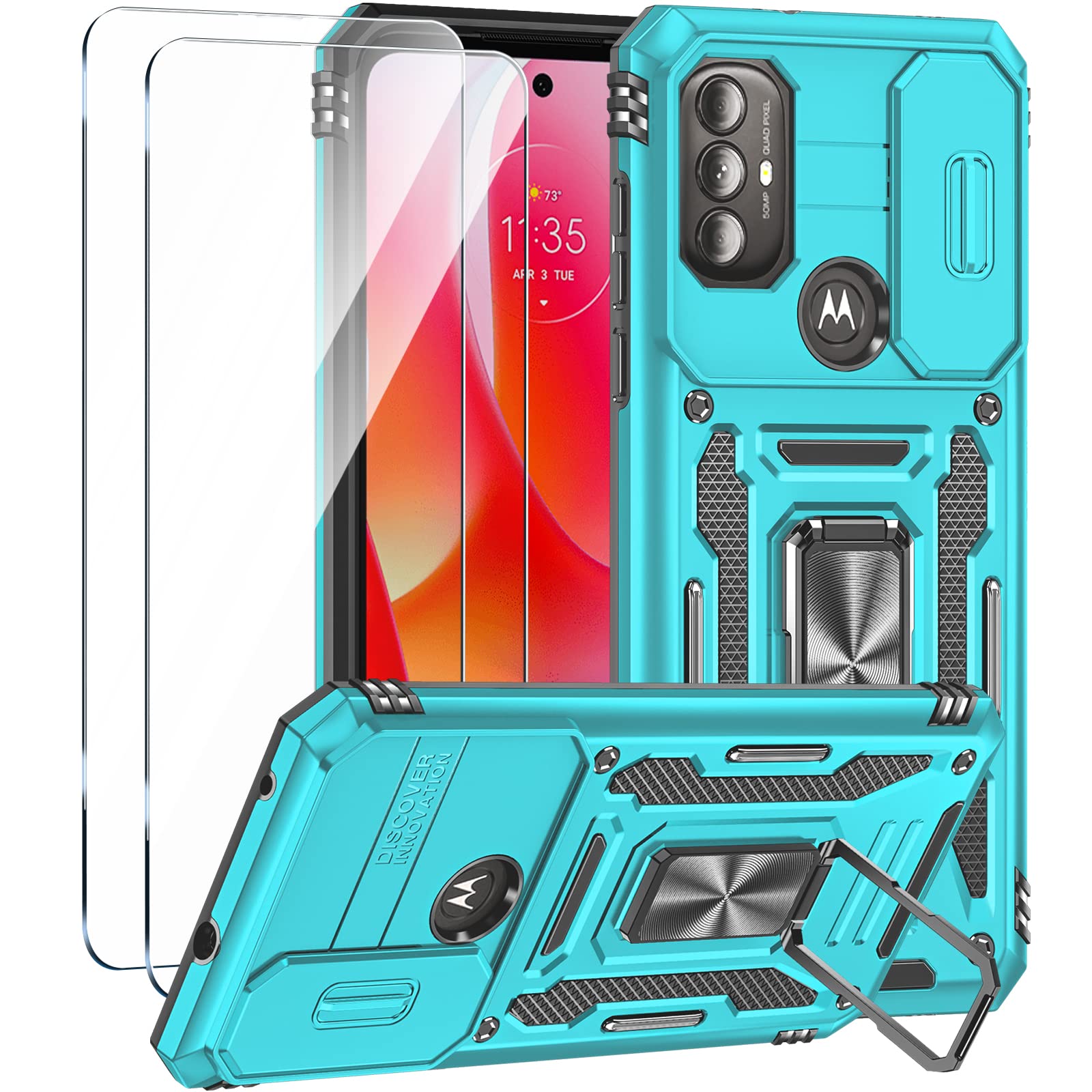 Muntinfe for Moto G Pure Phone Case, Moto G Power 2022 Case with Slide Camera Cover + [2 Packs] Tempered Glass Screen Protector, Heavy Duty Military Grade Shockproof Phone Case with Kickstand, Teal