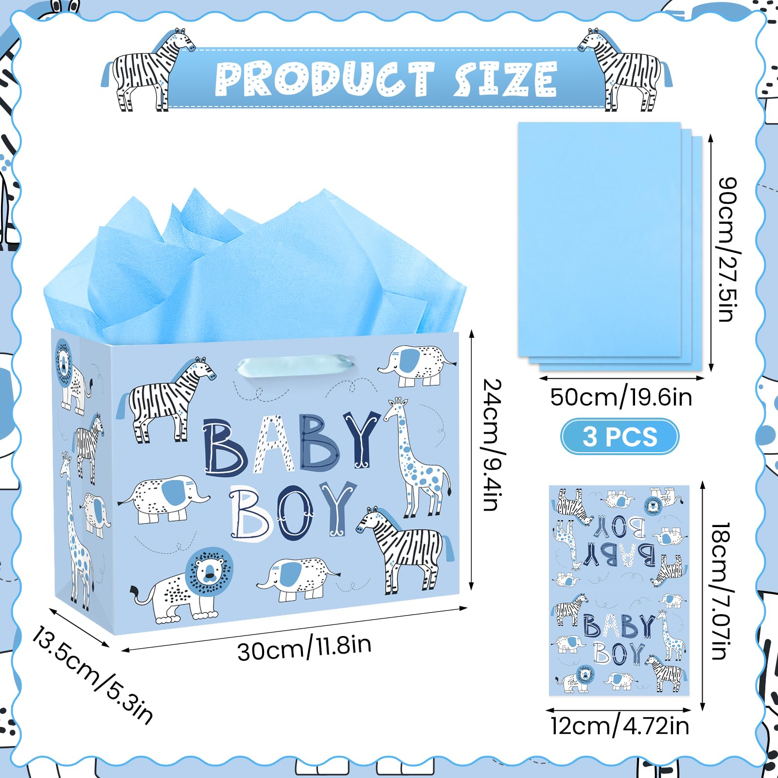 Baby Boy Gift Bag Animal Baby Shower Paper Gift Bag with Tissue Paper and Greeting Card, Blue Animal Baby Boy Birthday Wrapping Paper Bag for Kids Boys Baby Shower Birthday Party Decorations Supplies