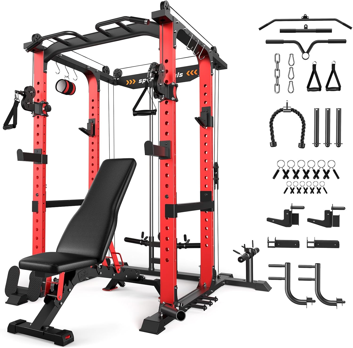 Sportsroyals Power Cage 1600lbs Power Rack with Adjustable Cable Crossover, Multi-Function Squat Rack with Pulley System and Training Attachments for Home Gym