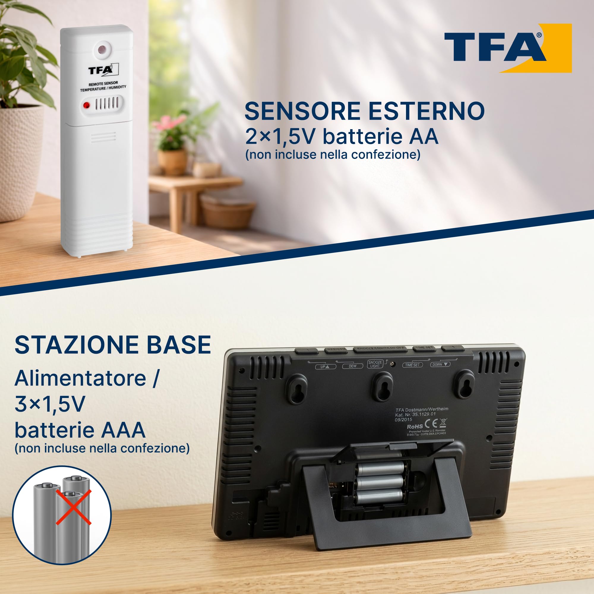 TFA Dostmann stazione meteo con sensore esterno, wireless Spring, 35.1129.01, temperatura e umidità, previsioni del tempo, allarme temperatura, nero