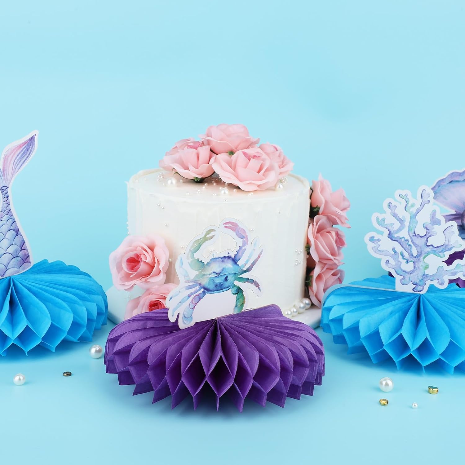 10pcs Mermaid Party Decorations, 3D Birthday Honeycomb Centerpieces for Ocean Under The Sea Party Little Baby Shower Supplies Mermaid Theme Table Cake Decorations for Kids