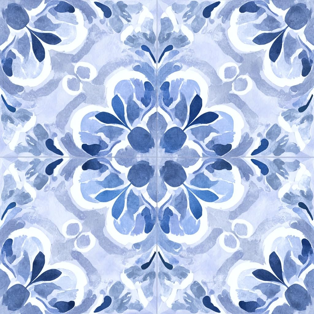 10PCS Peel and Stick Floor Tiles 12x12 Inch Blue White Watercolor Floral Self Adhesive Vinyl Flooring Moroccan Style Tile for Kitchen Bathroom Bedroom Living Room Home DIY Decor