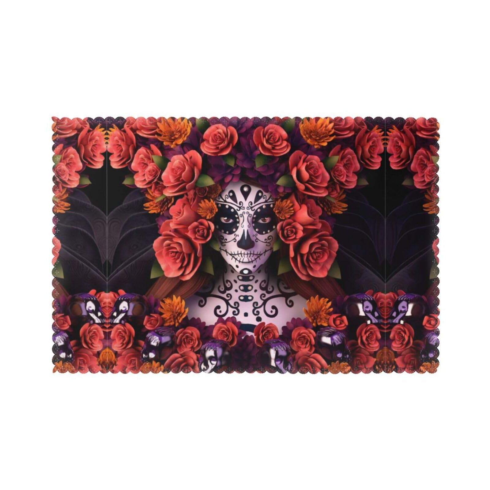 YYHWHJDE Day Of The Dead Sugar Roses Skull Prints Placemats Set of 6 12x18in - Heavy-Duty Polyester Table Layers Built for Lasting Performance