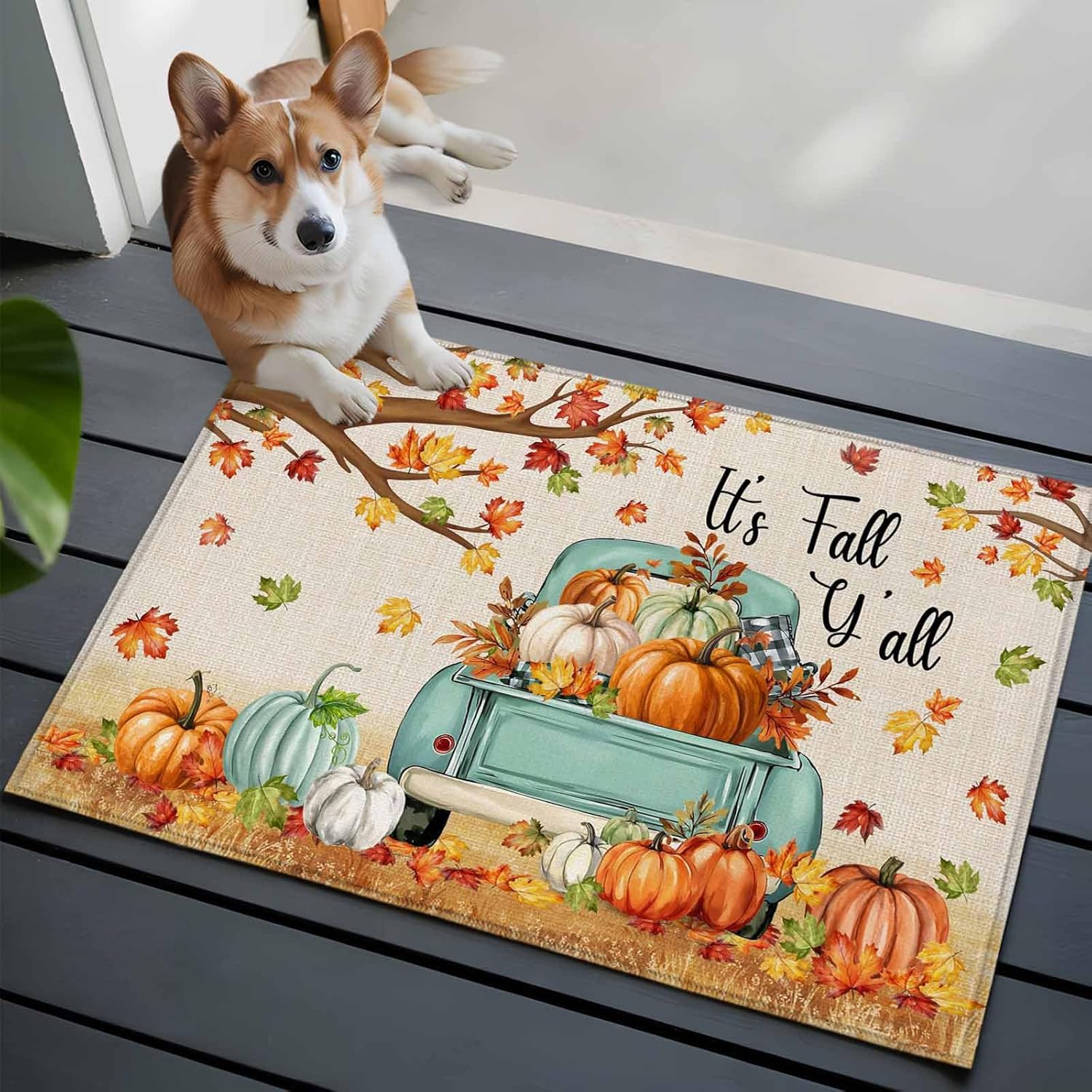 Fall Pumpkin Entryway Area Rug 2'x3', Autumn Maple Leaf Retro Farmhouse Truck Indoor Door Mat Non Slip Kitchen Rug Runner, Washable Small Floor Mat Carpet for Bathroom