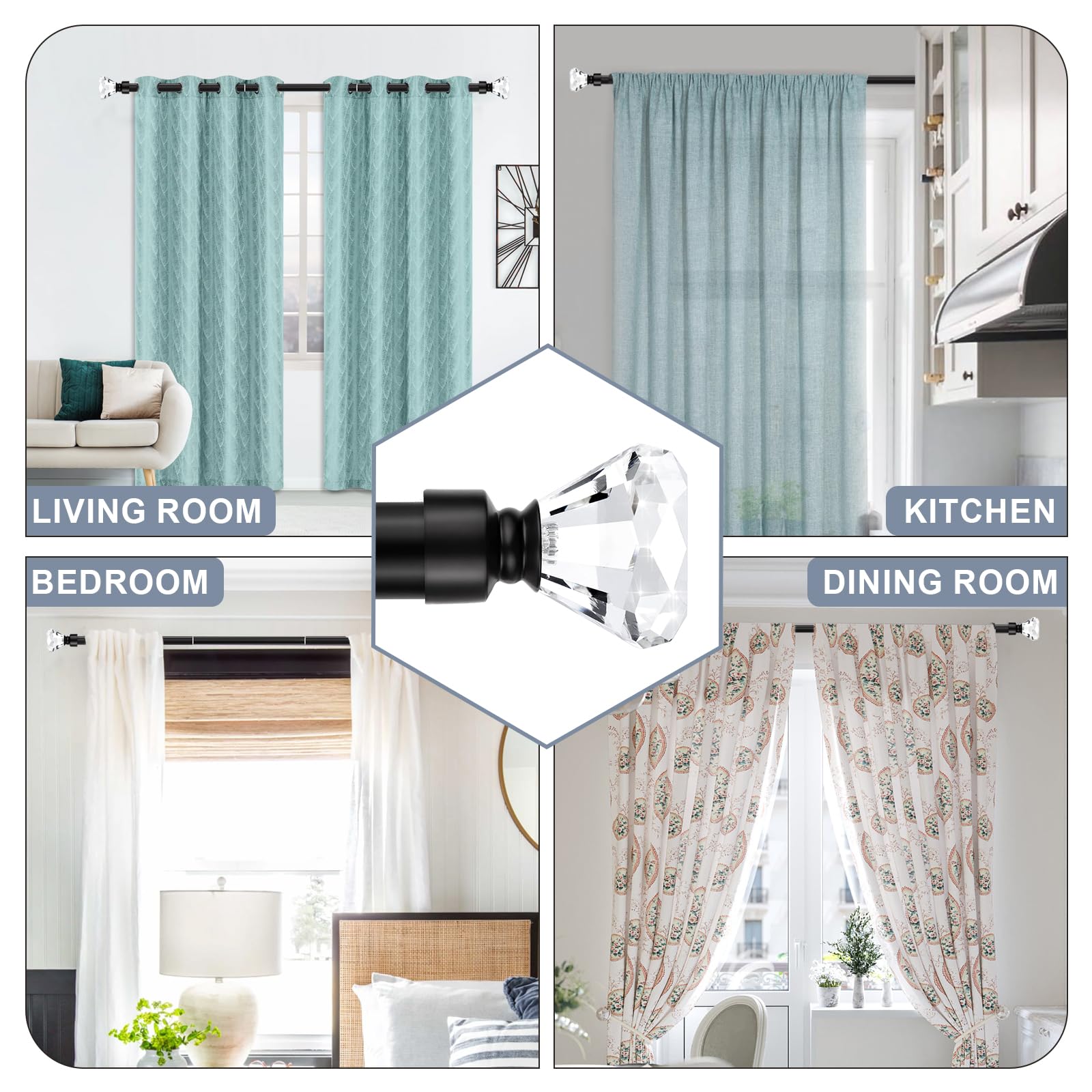 Orger 2,5 cm Diamant Gardinenstange 2 Stück Teleskop für Fenster von 30 bis 80 Zoll Schwarz Gardinenstangen Verstellbar Dekorative Einzel Gardinenstangen Set mit Modern Diamant Design