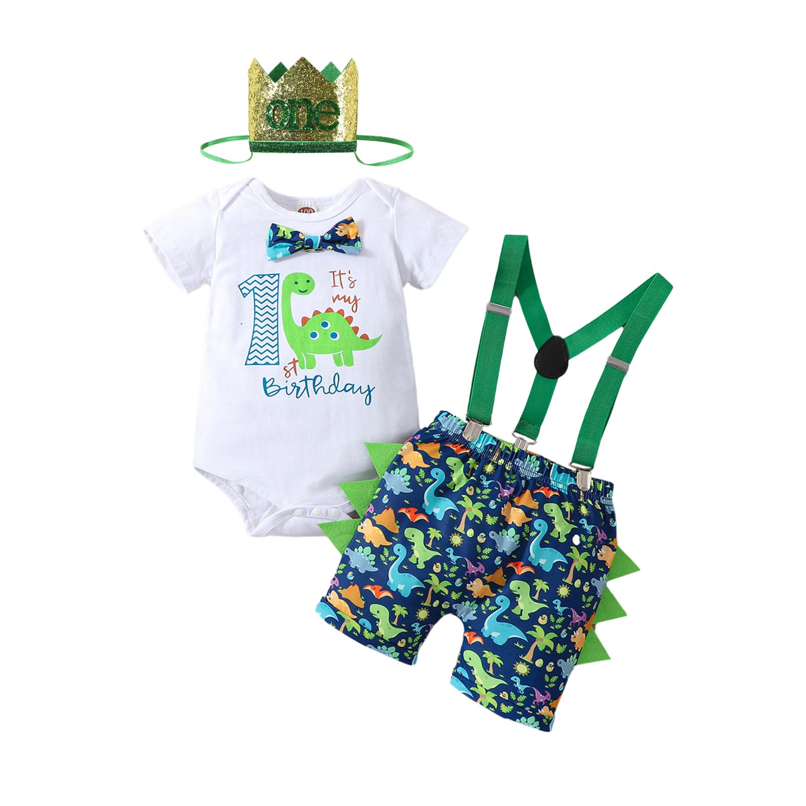 Highnesson-ww Baby Boy 1st Birthday Clothes Bow Tie Dinosaur Romper Pants Set Adjustable Y Back Suspenders Cake Smash Outfits