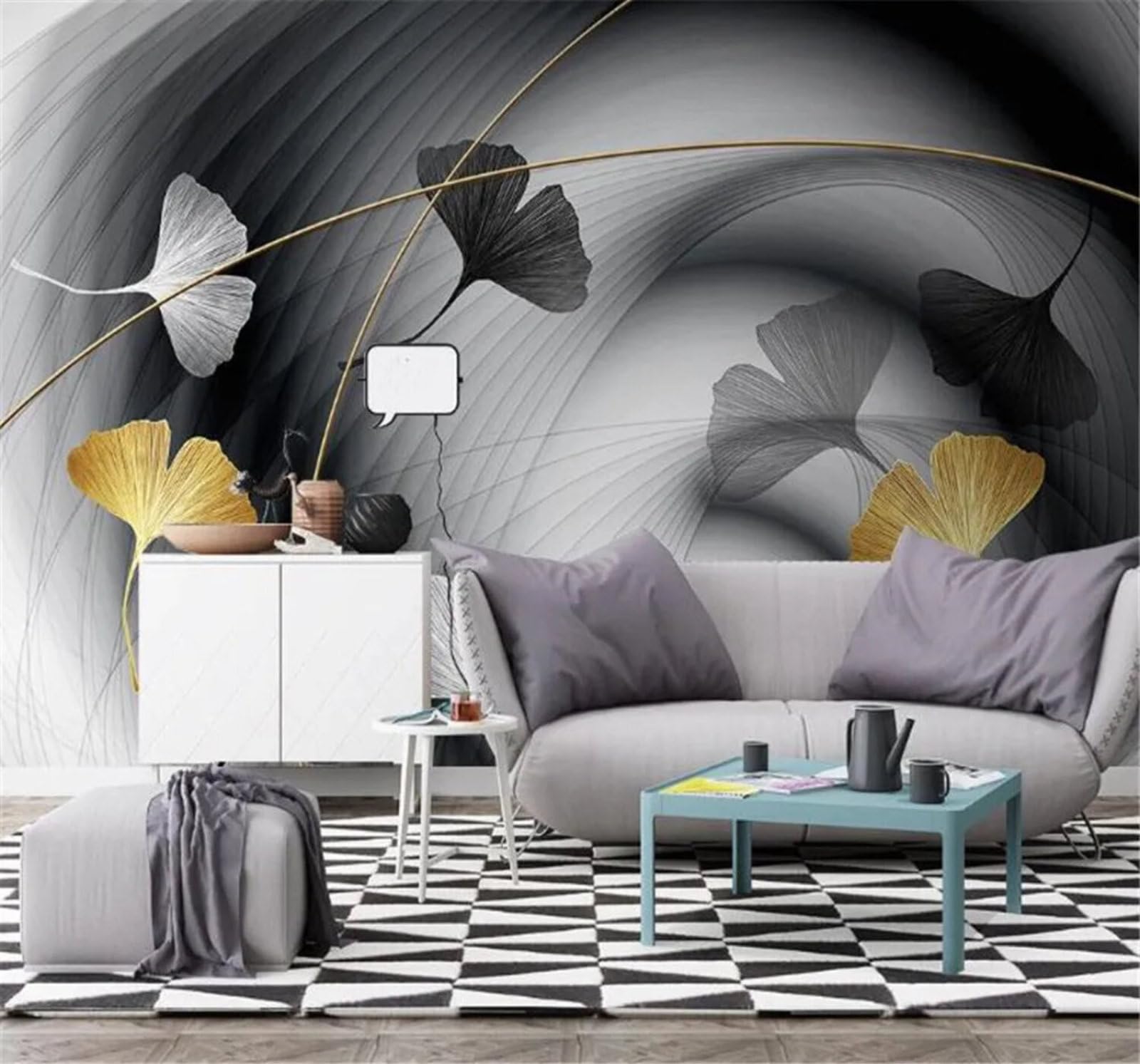 Xlming 250Cm×170Cm(B×H) Minimalist Abstract Haze Lines Ginkgo Leaves 3D Wallpaper Silky Texture Home Study Office Grey Dining Room Sofa Bedroom Living Room Tv Backdrop-250Cm×170Cm