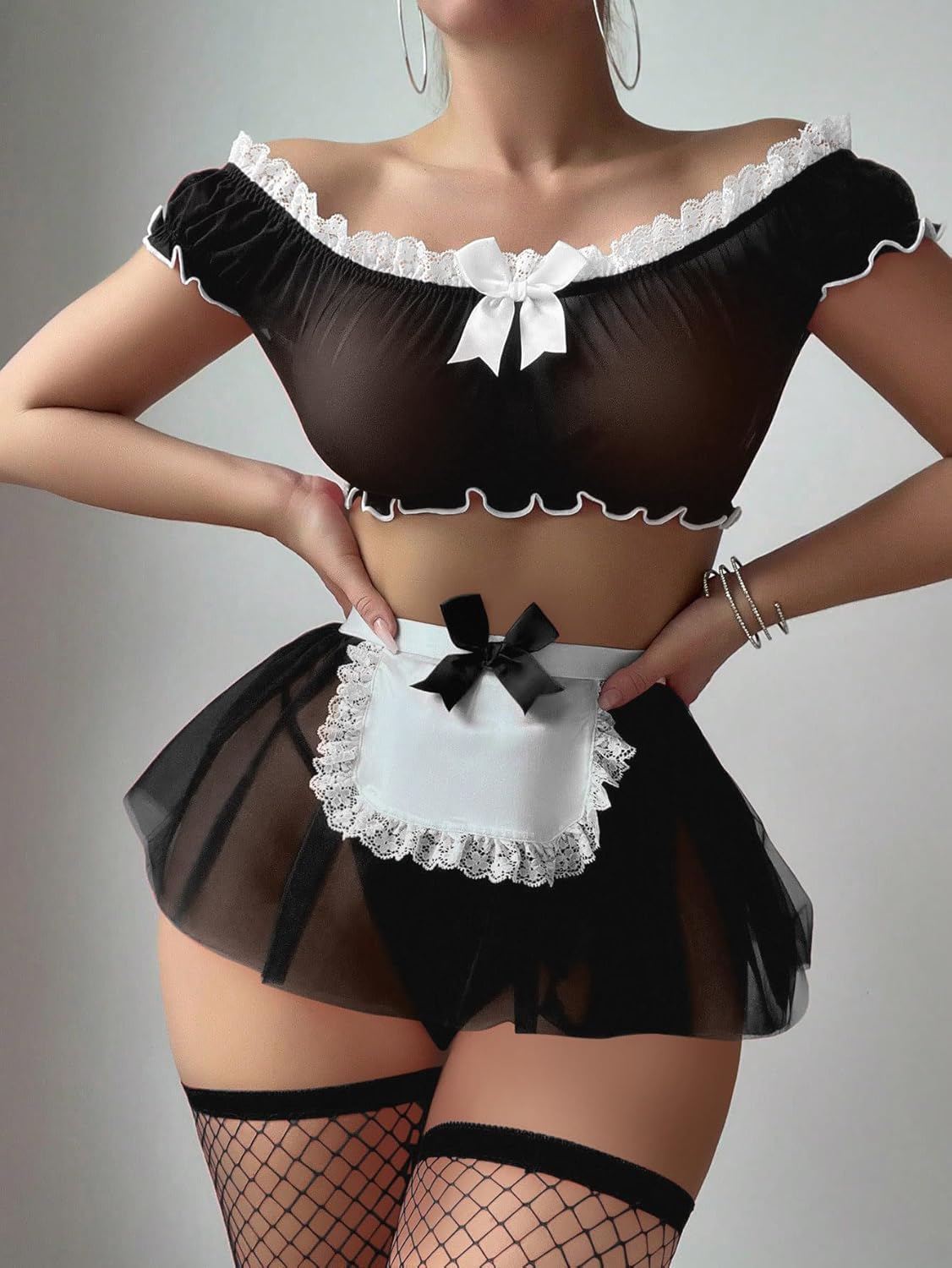 Sexy Maid Mini Skirt Lace Mesh Sheer Stockings Lingerie Halloween Costume Cosplay Outfit Set with Thong 4 Piece - Image 4