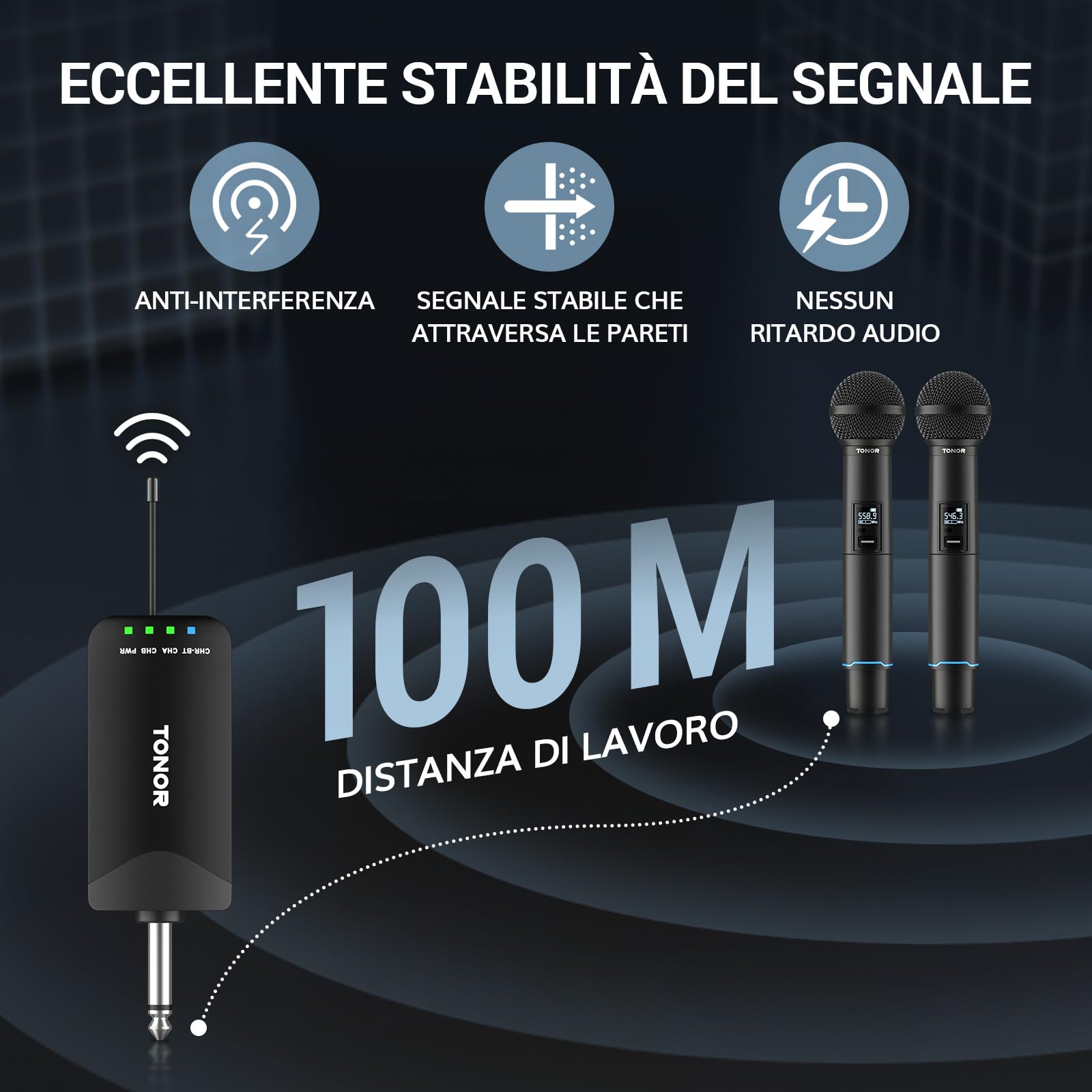 TONOR Microfono Wireless Professionale, Sistema Microfono Ricaricabile Bluetooth, Microfono Dinamico in Metallo UHF 2x25 per Karaoke, Chiesa, Canto, Matrimonio, Riunione, Mute con Clic, 100 M, TW720