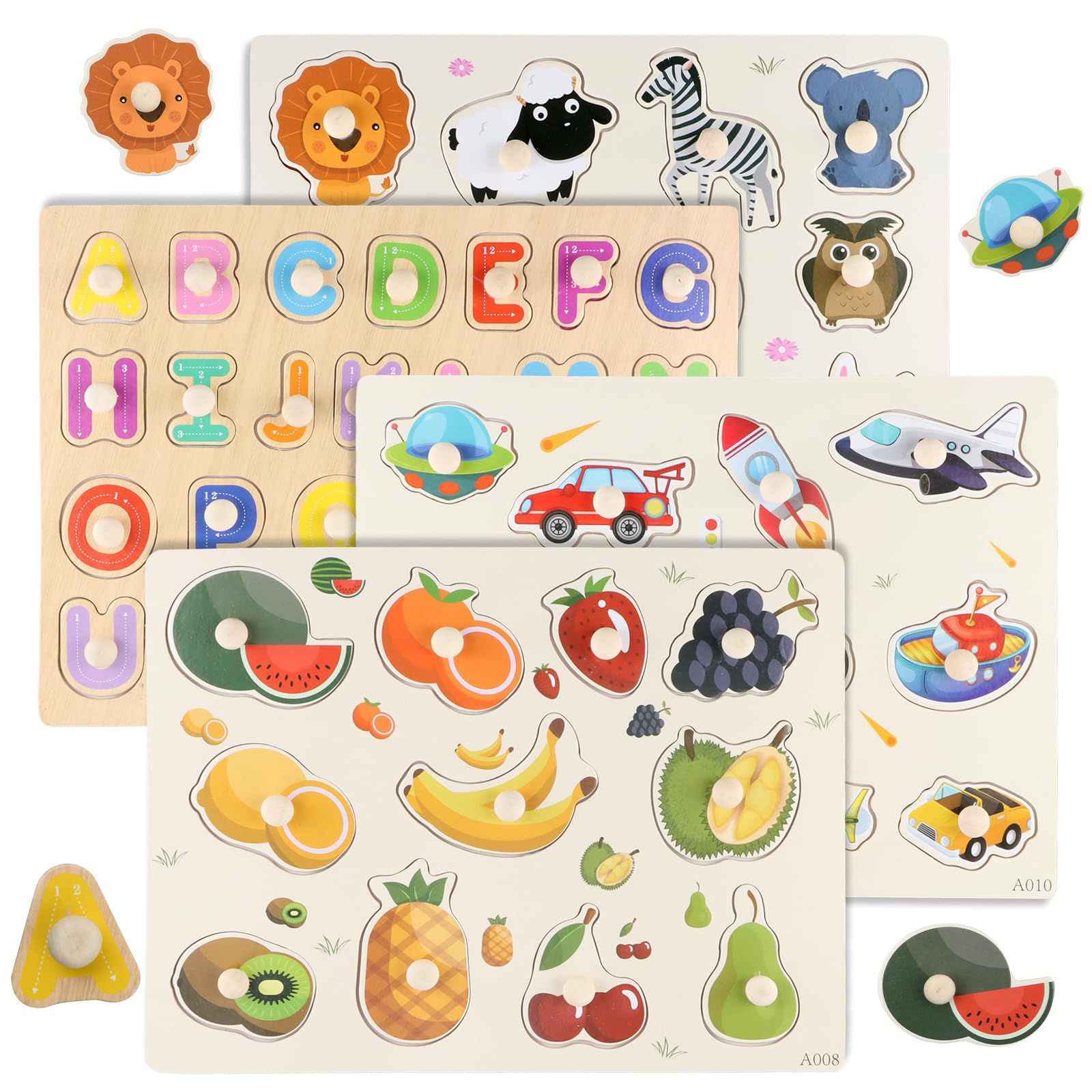 4 Piezas Juguetes Montessori Puzzles, Juegos Educativos Niños 2 3 Años, Puzzles Infantiles de Madera Fruta Animal Vehículo, Montessori Educativos para Bebes 2 3 4 Año