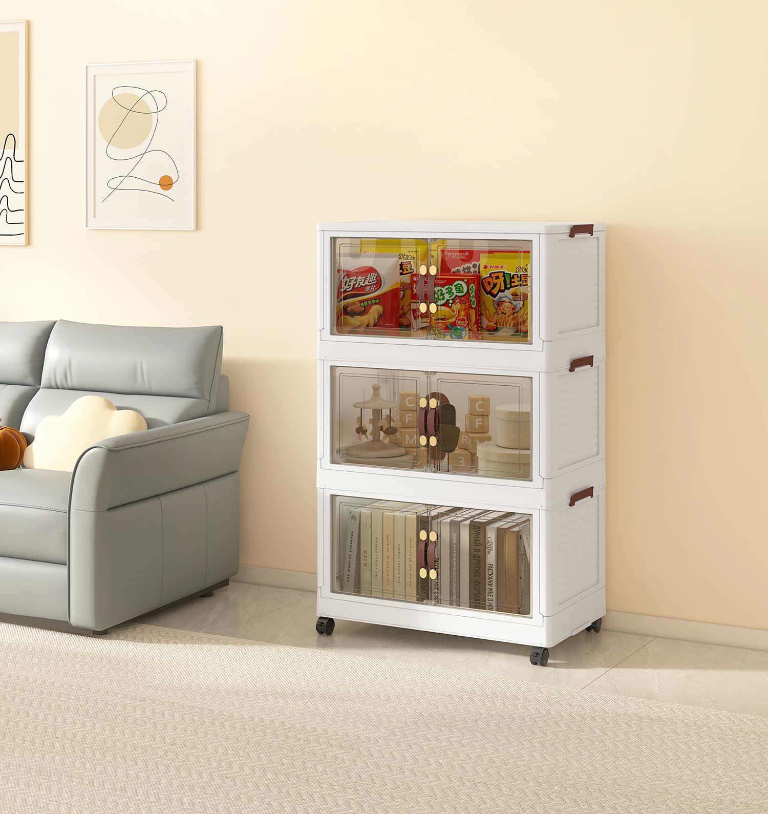 Armario Organizador Plegable | Caja de Almacenaje, Contenedor de Plástico, Caja de Almacenamiento Plegable para Calzado, Ropa, Juguetes y Libros (60cm x 3 Pisos)