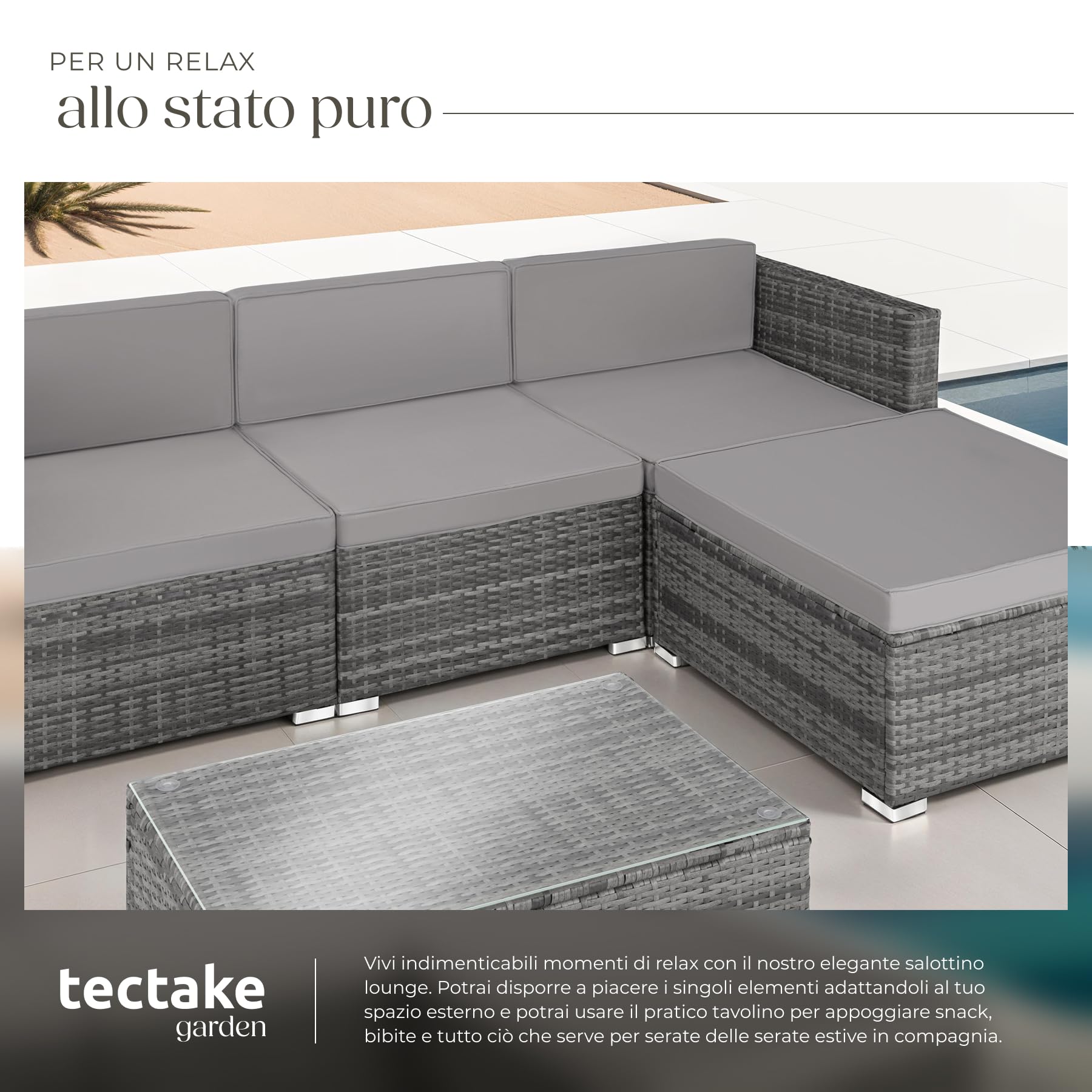 Tectake Salottino in Rattan Firenze Set Giardino 3 Poltrone 1 Pouf Tavolo Cuscini 8cm Grigio