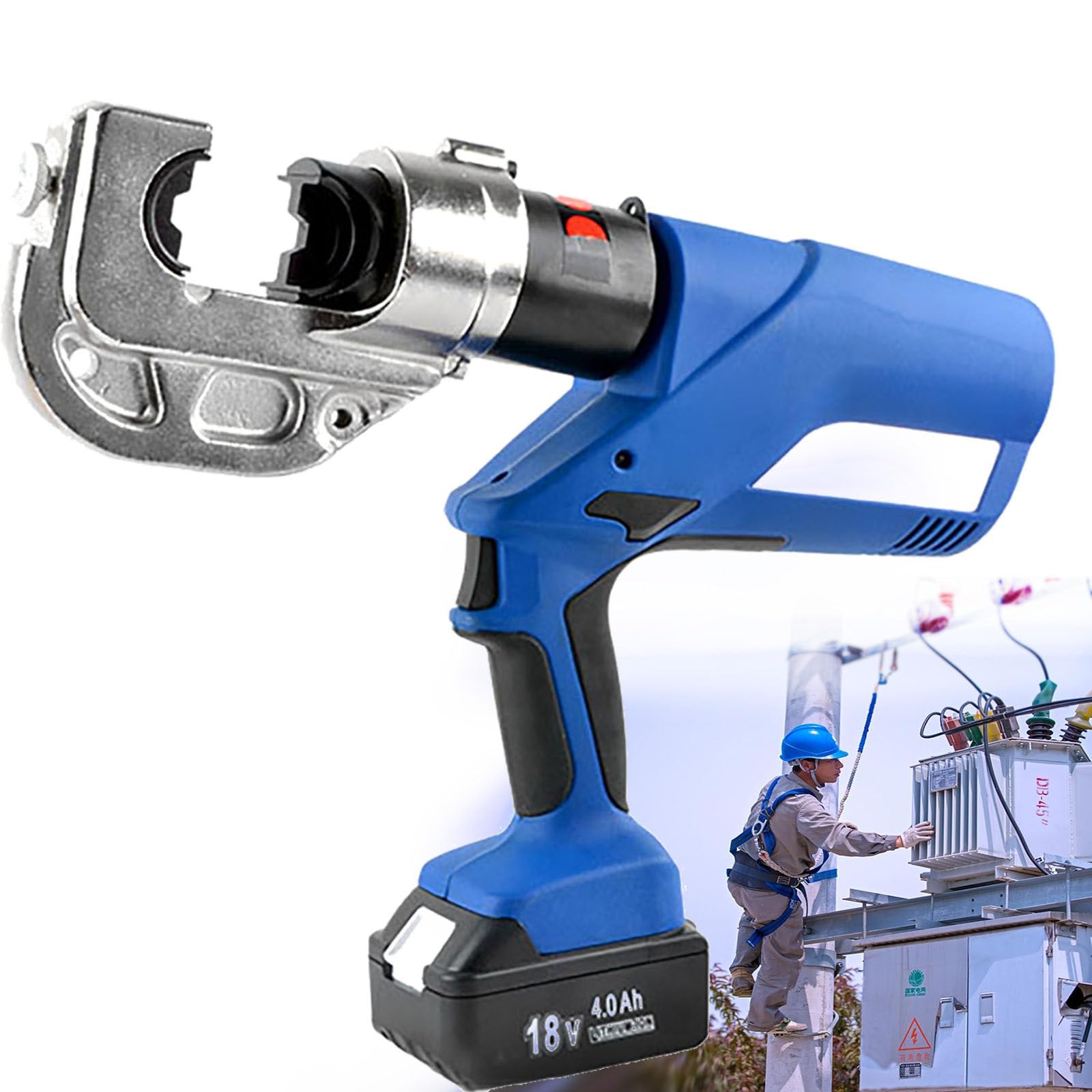 Pinza crimpatrice elettrica idraulica, ricaricabile, portatile, con custodia, gamma di crimpatura 16-300 mm², per capicorda in rame e alluminio