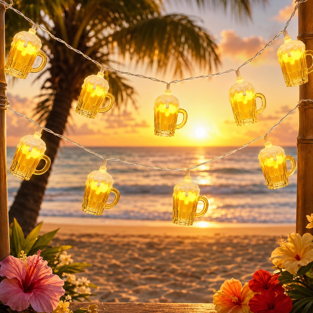 Abeja Beer Mug String Light, 8.5Ft Tropical Beach Theme Outdoor Decorations Beer String Lights with 10 3D Beer Cup Lights, Plug in Beer Fairy Lights for Summer Themed Bar Party Bedroom Decor