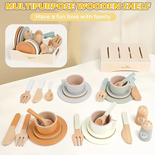 Miniatura 6 de Juego de platos y platos de madera para niños, 27 piezas de accesorios de cocina de madera, juguete de cocina para niños y niñas de 3, 4, 5, 6
