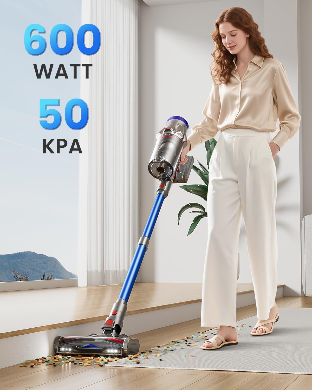 Akku Staubsauger 50000Pa/600W/65Min，Staubsauger Kabellos 1,8L mit OLED-Display, Mit Staubentfernungsfunktion, Selbststehender, Verwicklungsfreier Bürstenkopf,für Tierhaare/Teppiche/Hartböden/Auto