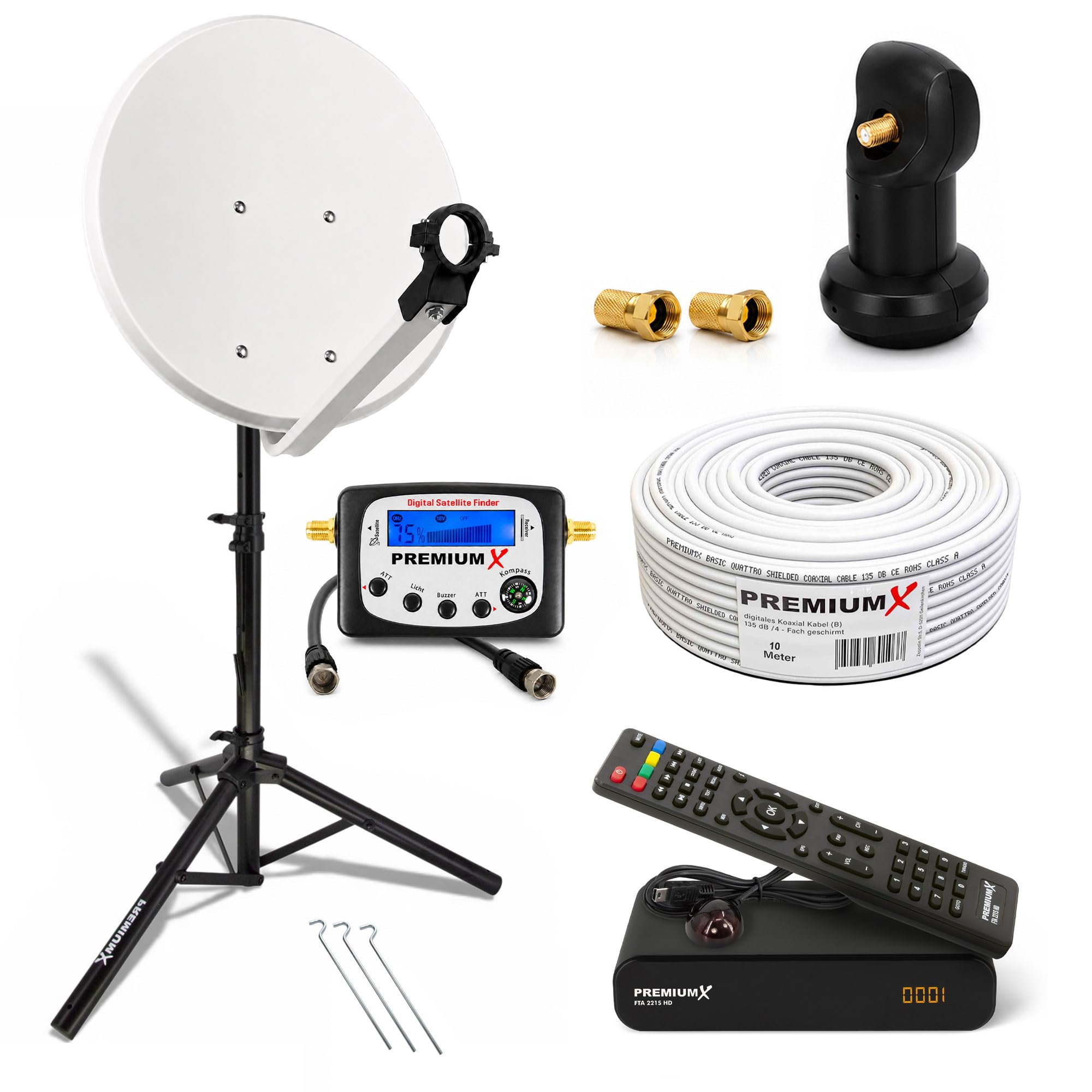 Premium X Camping Komplett HD SAT Anlage 45cm Satelliten-Schüssel Single LNB Kabel Dreibein Stativ TV Receiver Sat-TV-Signalfinder