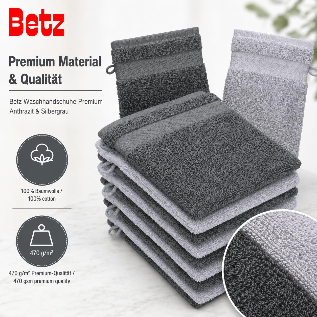 Betz Waschhandschuhe Premium 10 Stück 16x21 cm – 100% Baumwolle 470g/m² – Weiche Frottee Waschlappen – Pflegeleicht & saugstark – Farbe Anthrazit & Silbergrau