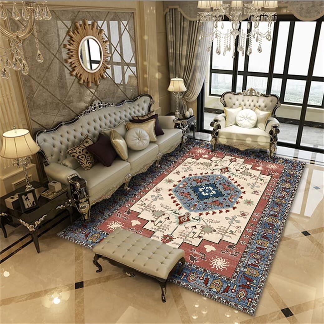 Tapis 150x200CM bleu à motif floral rétro pour table basse et salon