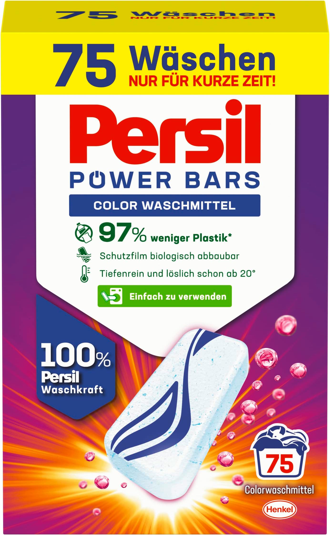 Power Bars Colour Detergent (75 Washes), Pre-Dosed Coloured Detergent in Sustainable Packaging, for Hygienic Pure Laundry from 20 °C