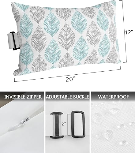 Miniatura 3 de Paquete de 2 fundas de almohada lumbar con textura de hojas verde azulado y gris, impermeables, para exteriores, diseño de hojas de arte abstracto