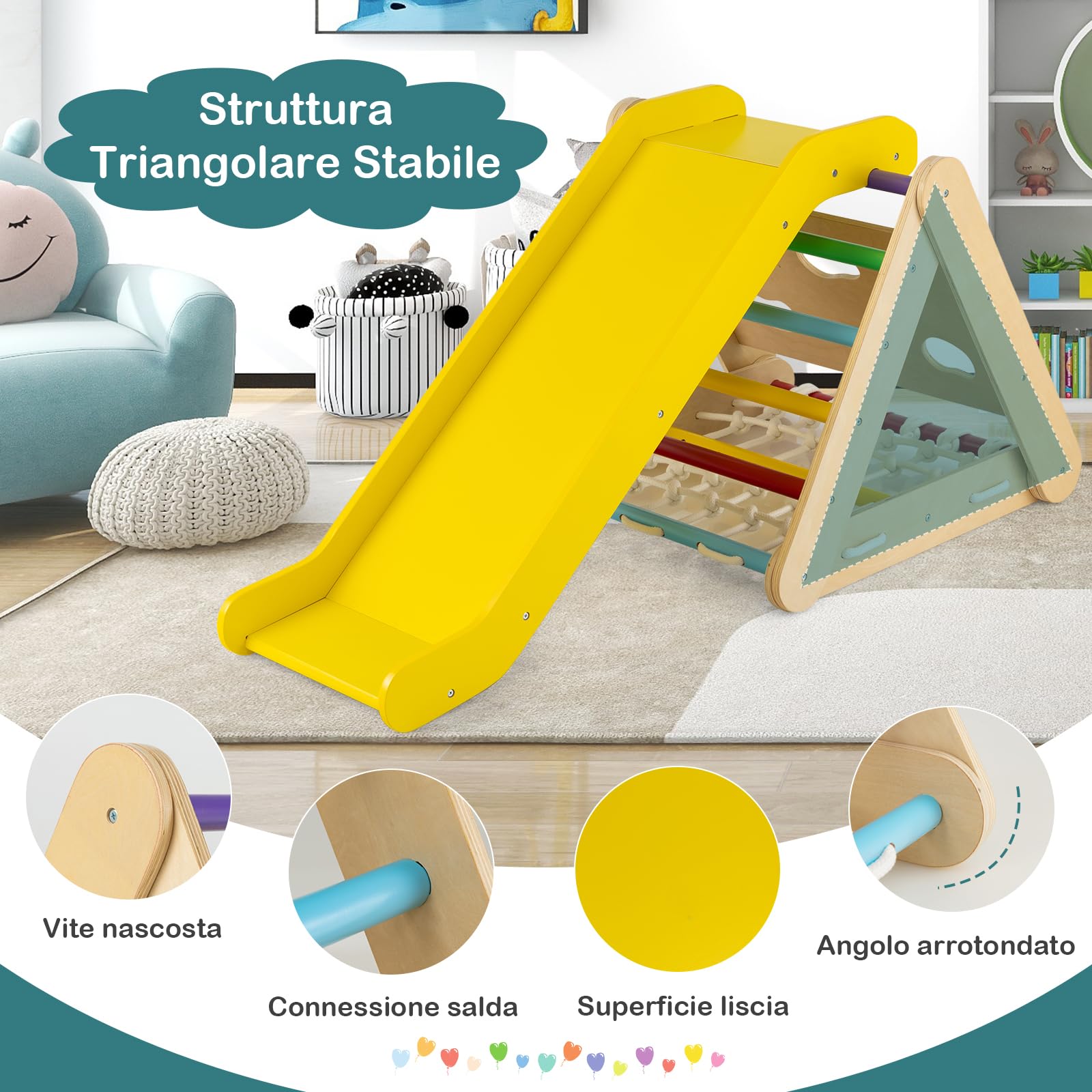 RELAX4LIFE 4 in 1 Triangolo da Arrampicata con Scivolo per Bambini, Scala per Arrampicarsi in Legno, Triangolo Montessori, Parco Divertimenti per Bimbi 1+ Anni (Colorato)