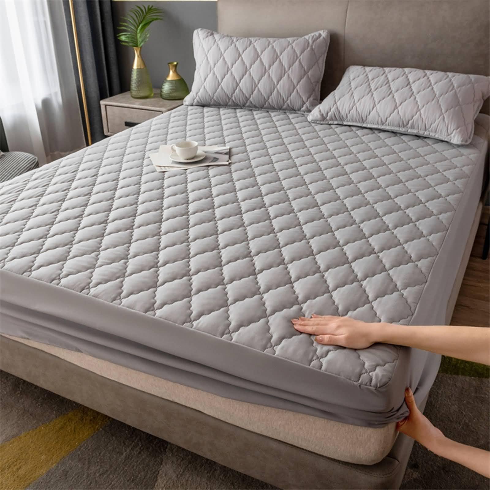 Lenzuolo con Angoli, Lenzuolo Coprimaterasso Matrimoniale con 2 Federe in Cotone poliestere Tinta unita con trama a reticolo Confortevole Morbido Traspirante, Grigio chiaro, 180 x 220cm