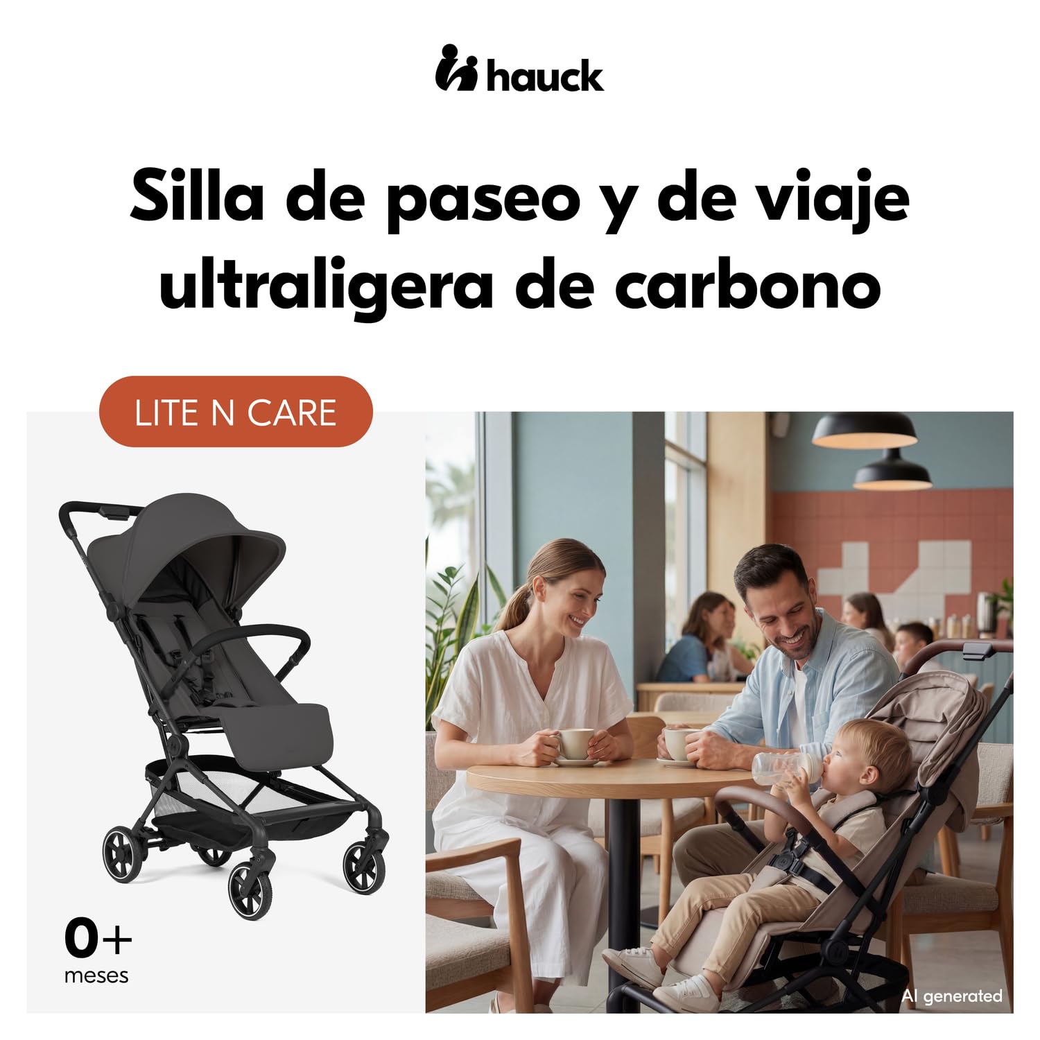 hauck Lite N Care Carrito Bebe Ultraligero de Carbono - Silla de Paseo Plegable para Avión - Reclinable desde Nacimiento hasta 22 kg - Capota UPF 50+- Ventana XL y Ruedas Antipinchazos