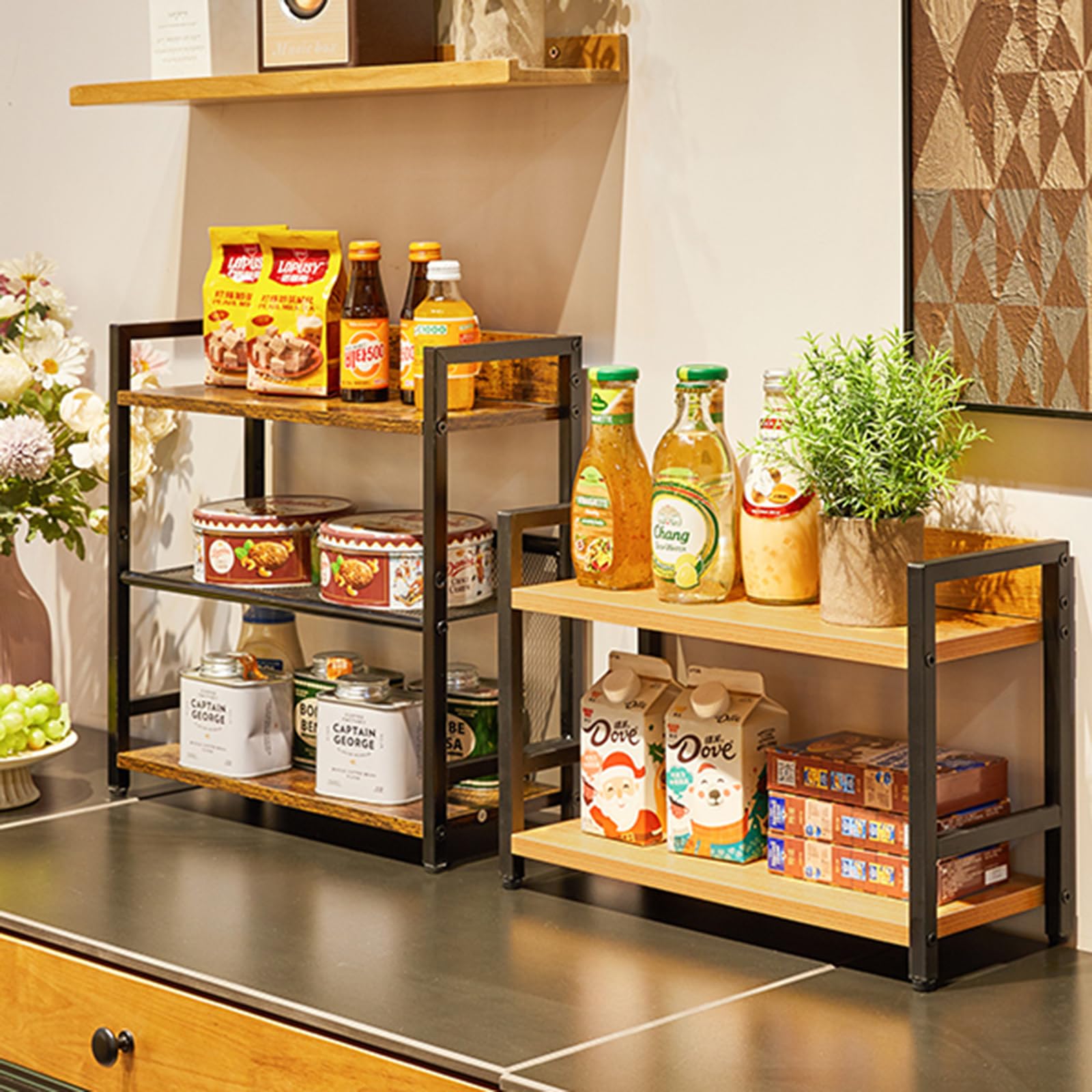 IBUYKE Étagère à épices,Rangement Cuisine à 2 niveaux,Natürlich TLJ002N | Rangement Epices cuisine Organisateur de bureau Pieds Réglables pour Salle à manger Bureau