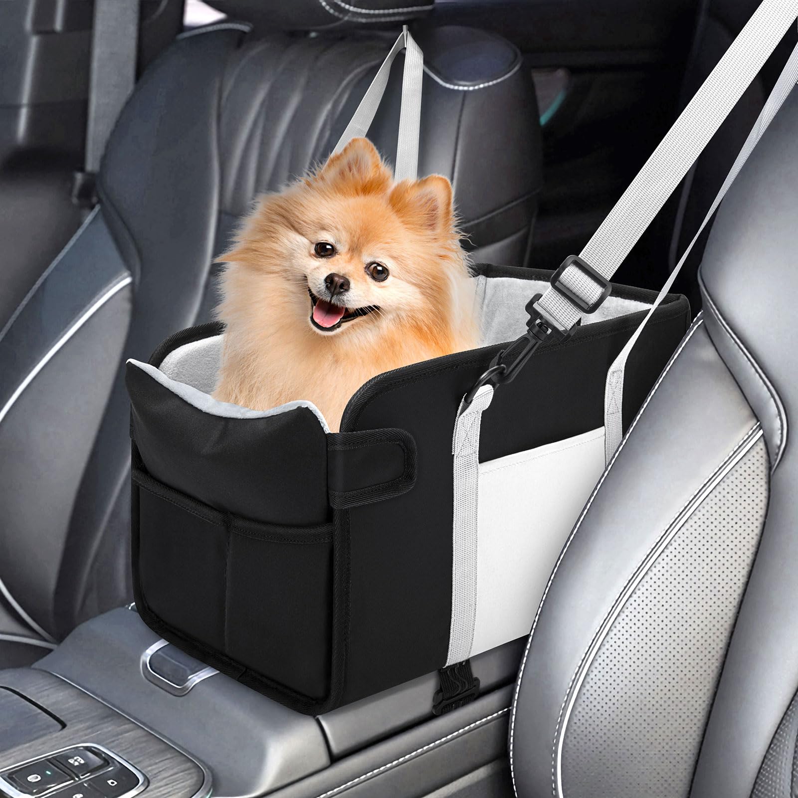 Portable Dog Car Seat for Small Dogs Pet Booster Seat with Safety Leash,  Adjustable Straps, Washable Cushion Storage Pocket Center Console Puppy