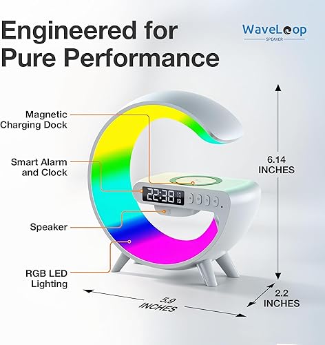 Miniatura 4 de Waveloop - Reloj despertador con altavoz para dormitorios con carga inalámbrica y altavoz Bluetooth G, lámpara de noche RGB con luz de despertador,