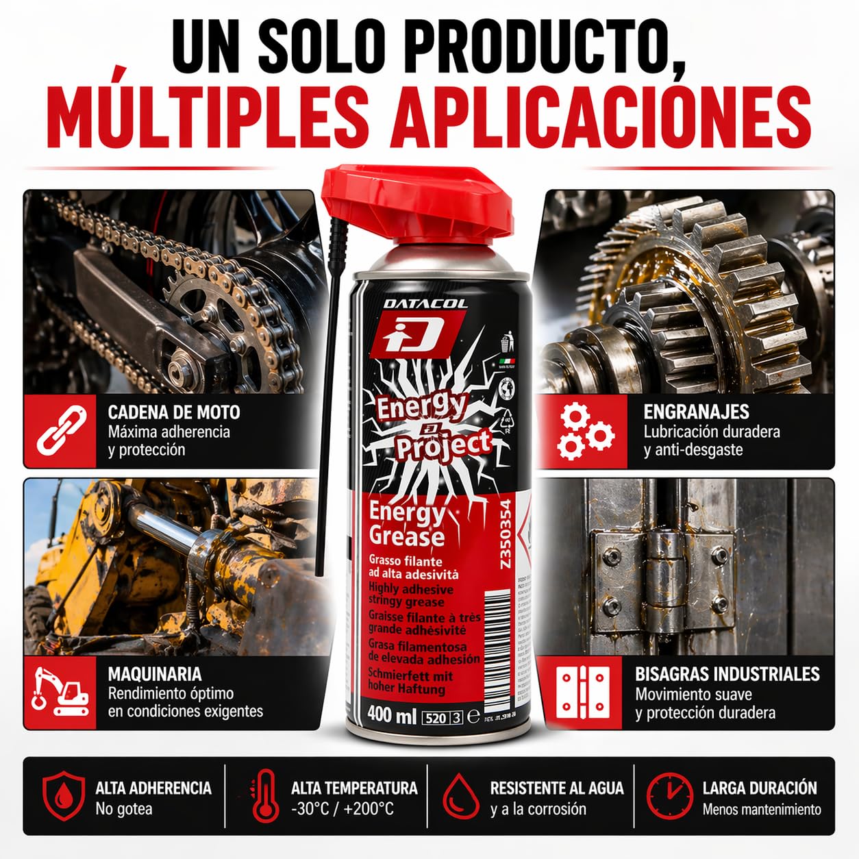 Datacol Grasa en spray adhesiva alta temperatura 400 ml, lubricante para cadena, engranajes y maquinaria, alta resistencia y adherencia profesional (4)