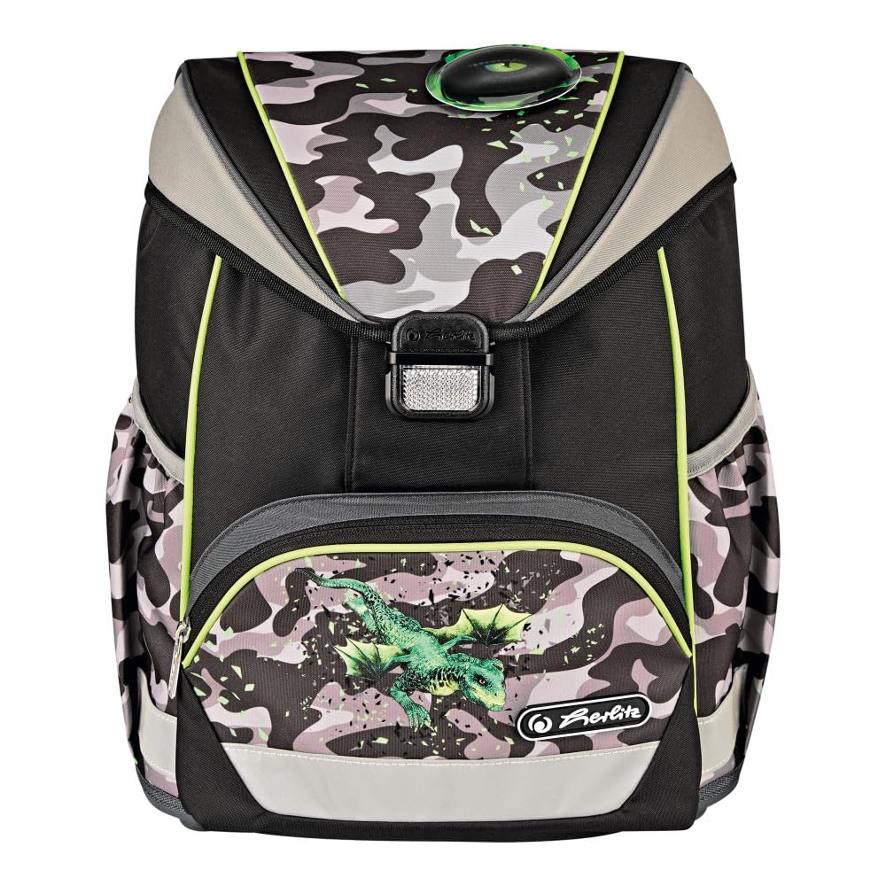 Herlitz Tornister Szkolny Light Camo Dragon | Dziecięcy Organizer Dla Ucznia Dzieci | Sztywne Plecy | Unisex | Szkolna Torba na Plecy | Pojemny Wytrzymały Plecak na Przybory Szkolne