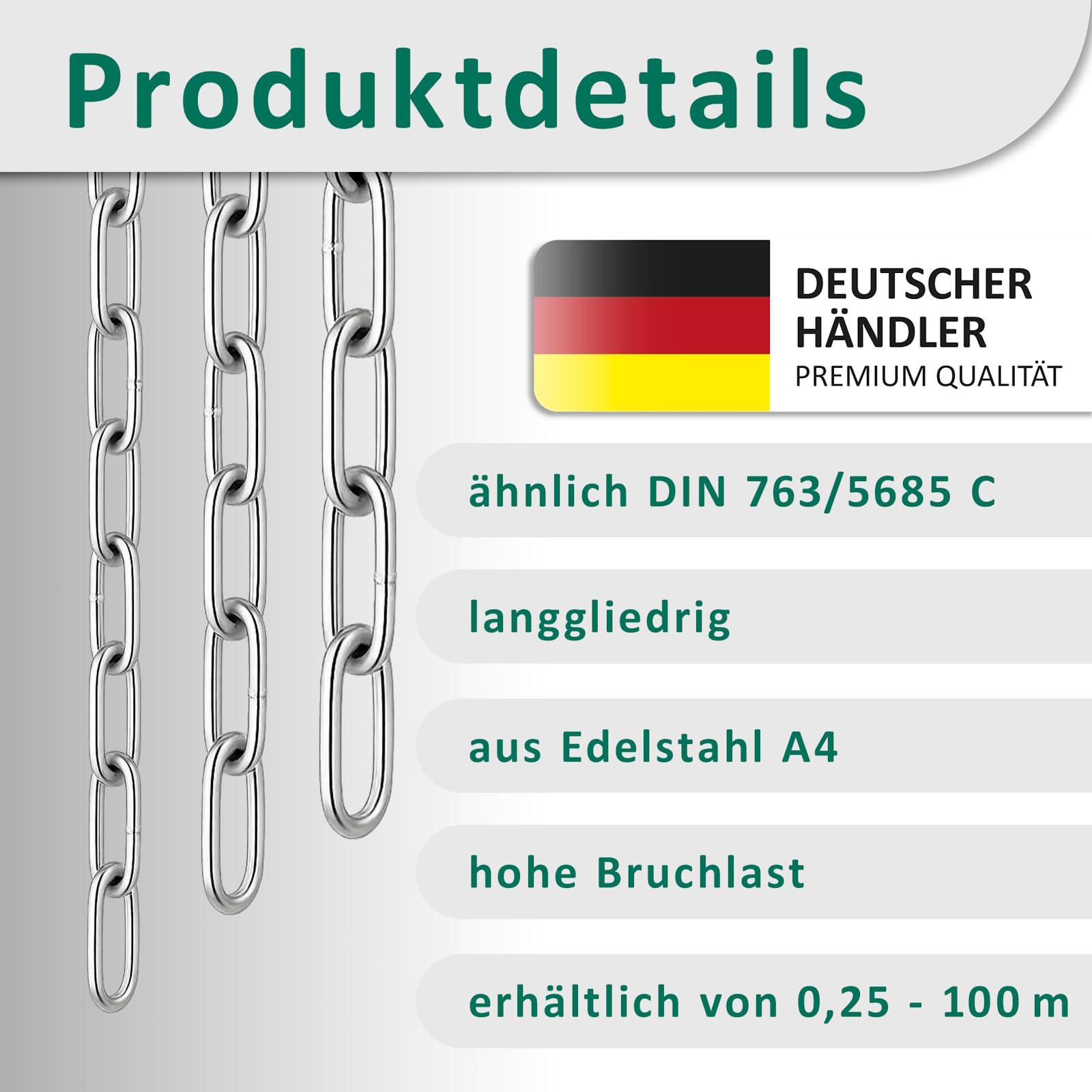 DSM – Chaîne acier 2 mm Ø long maillon, type similaire DIN 763/5685C – Acier inox A4 – inoxydable – Pour Jardin, bateau, atelier & déco – Charge rupture 120 kg – 50 m