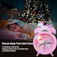 Vista 4 de QearFun Reloj despertador de unicornio para niñas y niños, bonita decoración de dormitorio, segunda mano silenciosa sin tictac, con retroiluminación