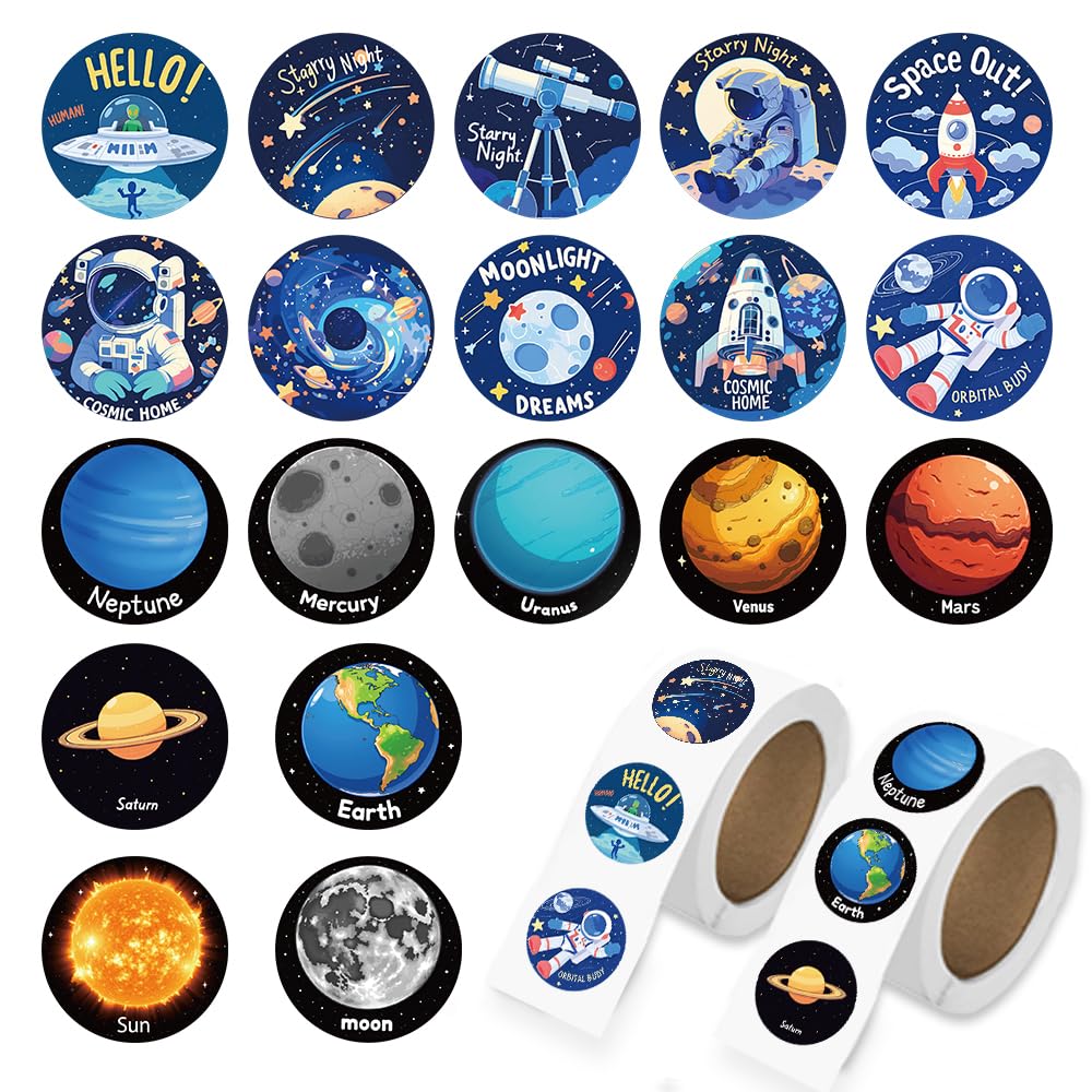 1000 Pcs Outer Space Stickers Bulk 2 Roll 1 Inch Galaxy Astronaut Stickers for Boys Girls .Space Theme Decor Sticker Book Water Bottles Laptop
